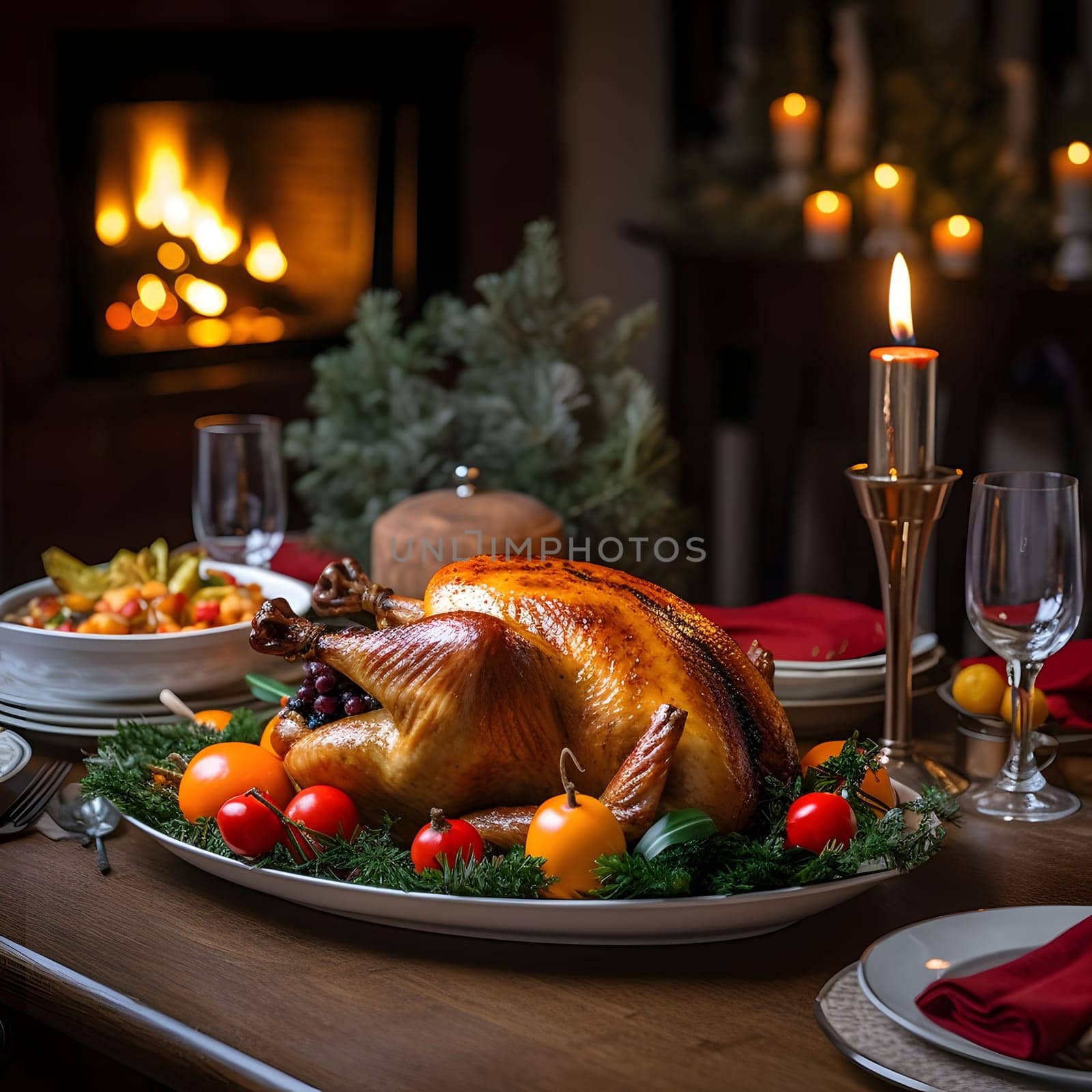 Roast turkey on a plate decorated with rosemary, tomatoes with candles in the background. Turkey as the main dish of thanksgiving for the harvest. An atmosphere of joy and celebration.