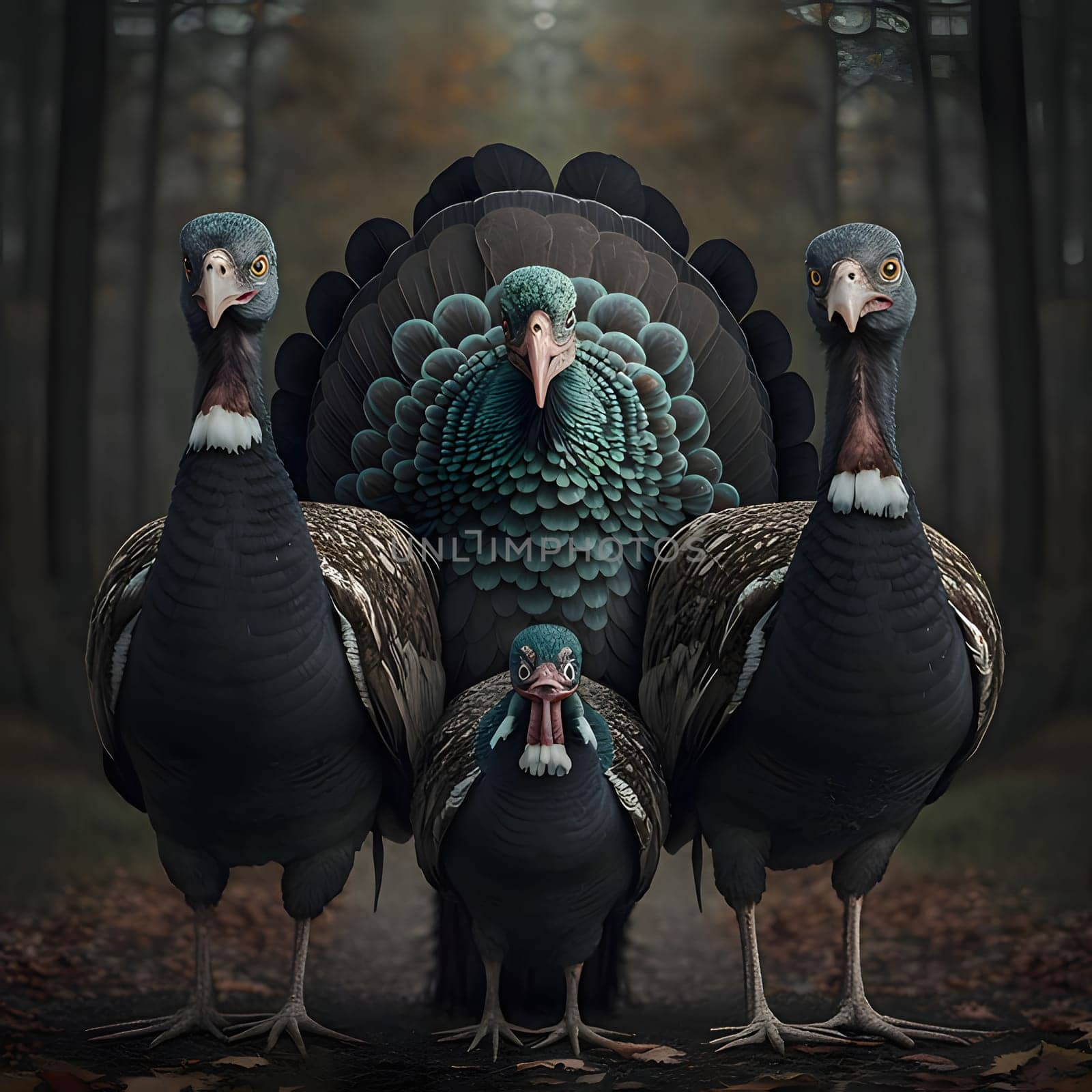 Family of turkeys in the forest portrait. Turkey as the main dish of thanksgiving for the harvest. An atmosphere of joy and celebration.