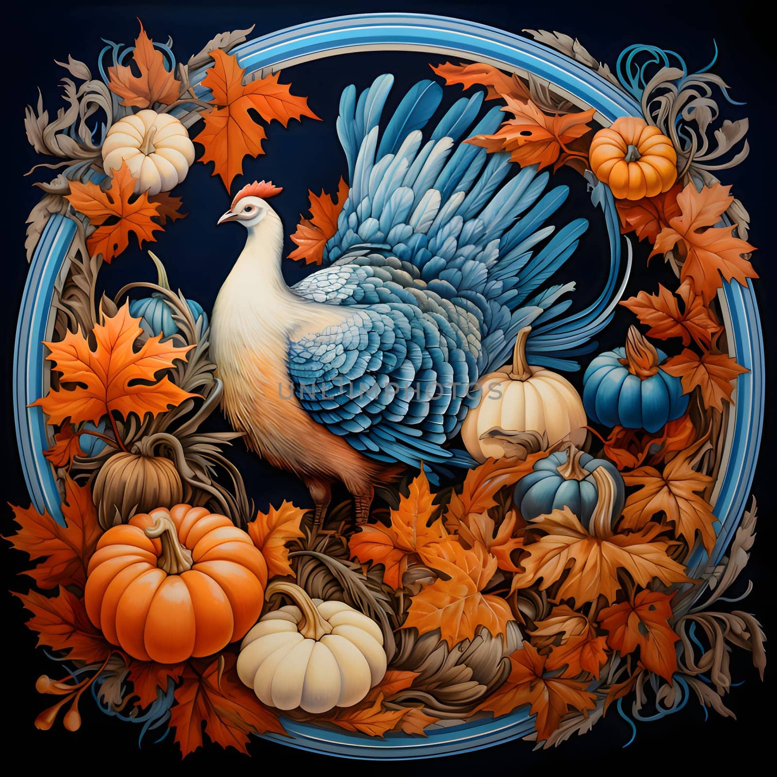 Image of turkey, hen in a circle decorated with days and Leaves. Turkey as the main dish of thanksgiving for the harvest. An atmosphere of joy and celebration.