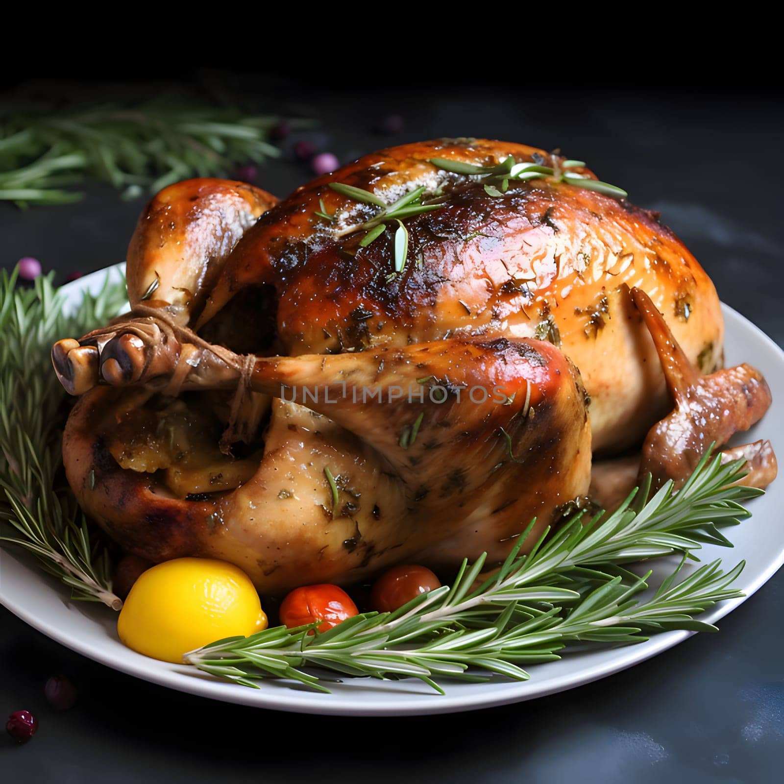 Roast turkey on a white plate garnished with rosemary lemon. Turkey as the main dish of thanksgiving for the harvest. An atmosphere of joy and celebration.