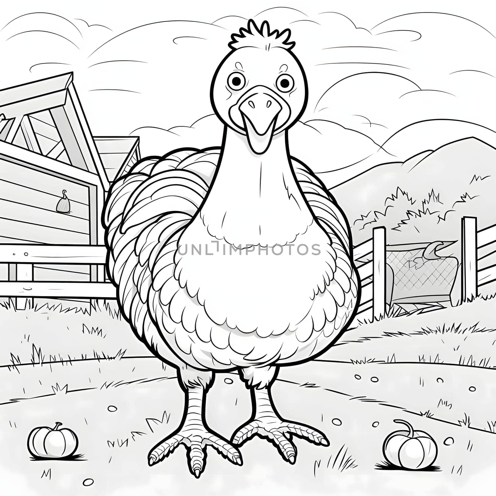 Black and white coloring book, a small cheerful in dyczek on the farm. Turkey as the main dish of thanksgiving for the harvest. An atmosphere of joy and celebration.