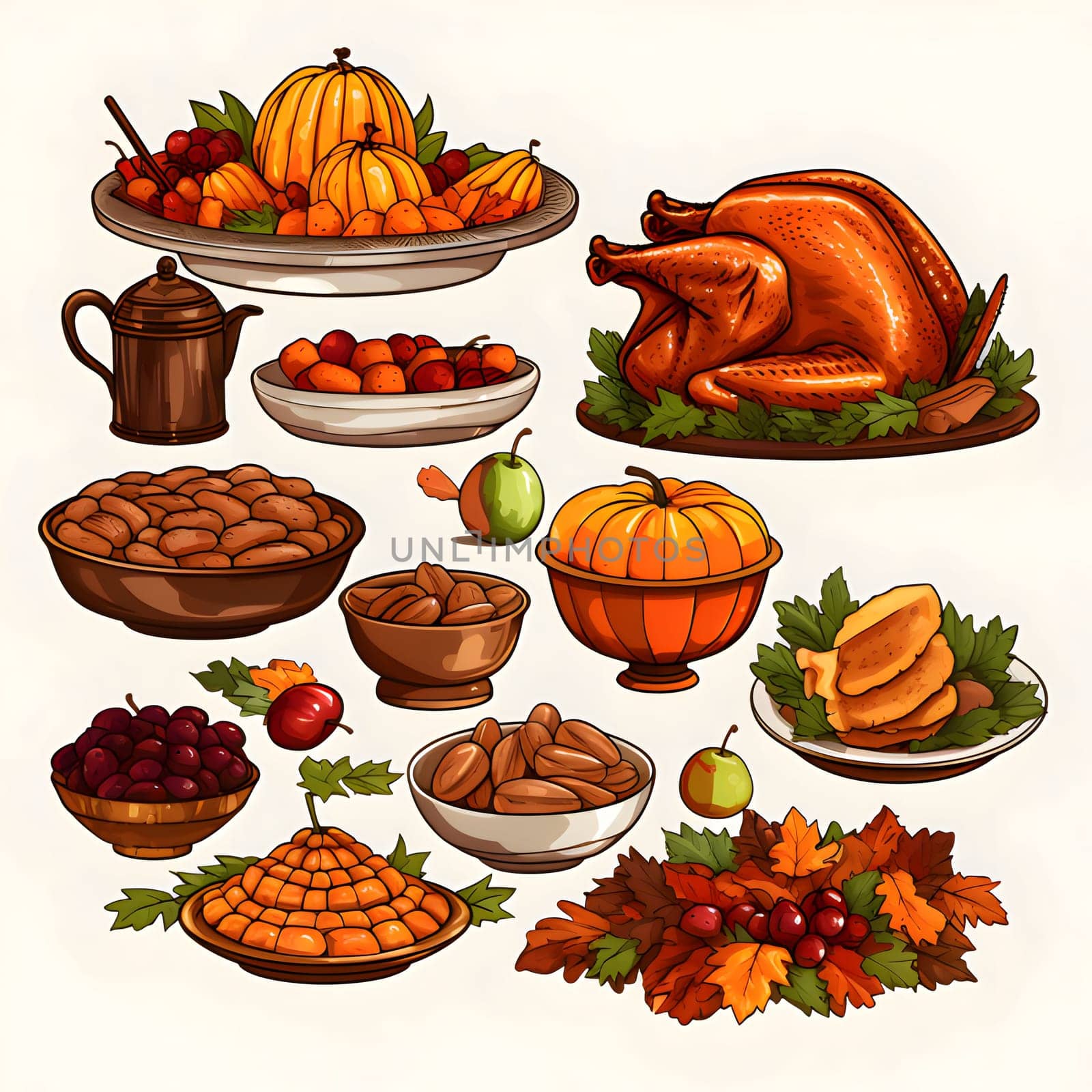 Thanksgiving sticker set pumpkins turkeys leaves autumn chickens. Turkey as the main dish of thanksgiving for the harvest, picture on a white isolated background. An atmosphere of joy and celebration.