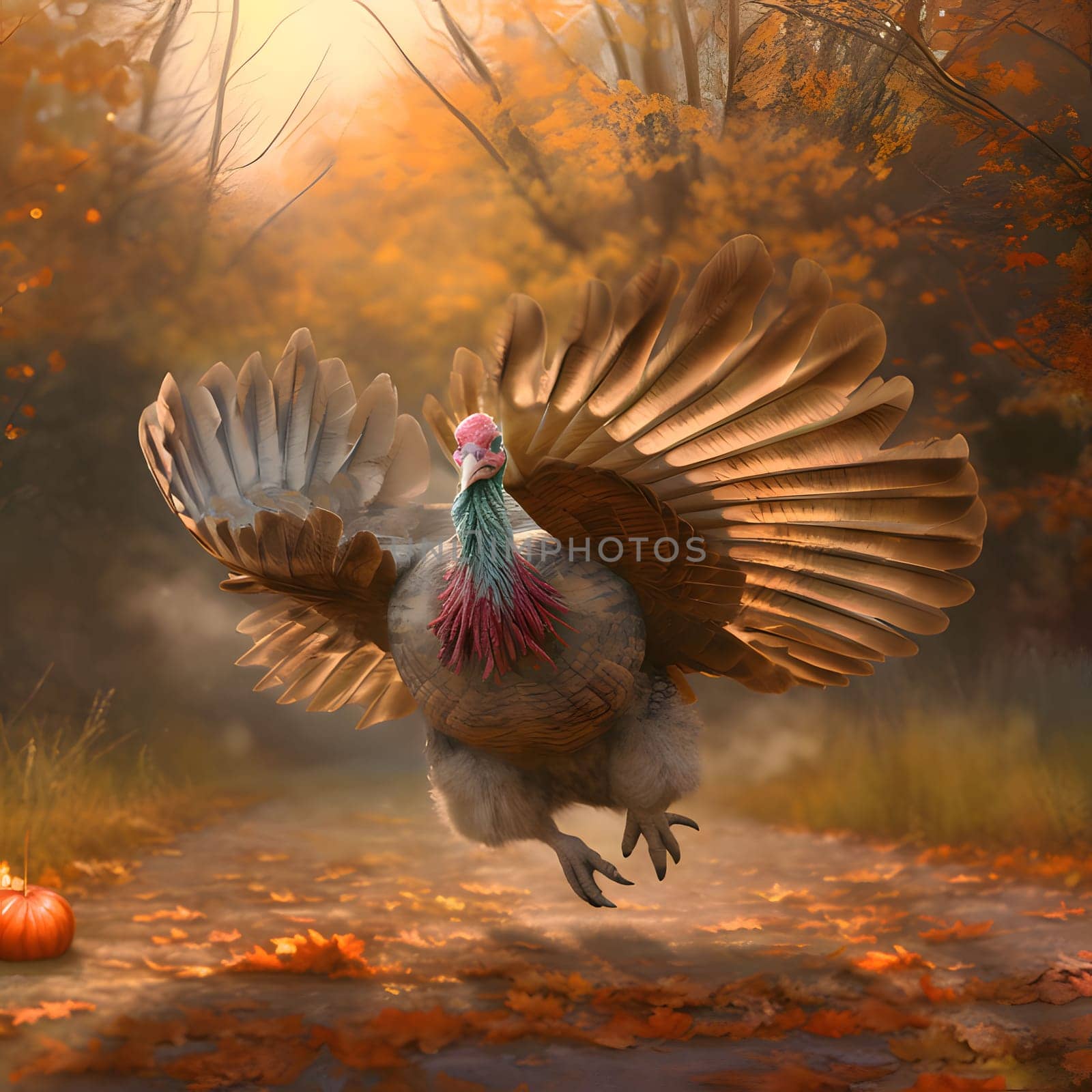 A large turkey in the woods with wings spread, preparing to fly. Turkey as the main dish of thanksgiving for the harvest. An atmosphere of joy and celebration.