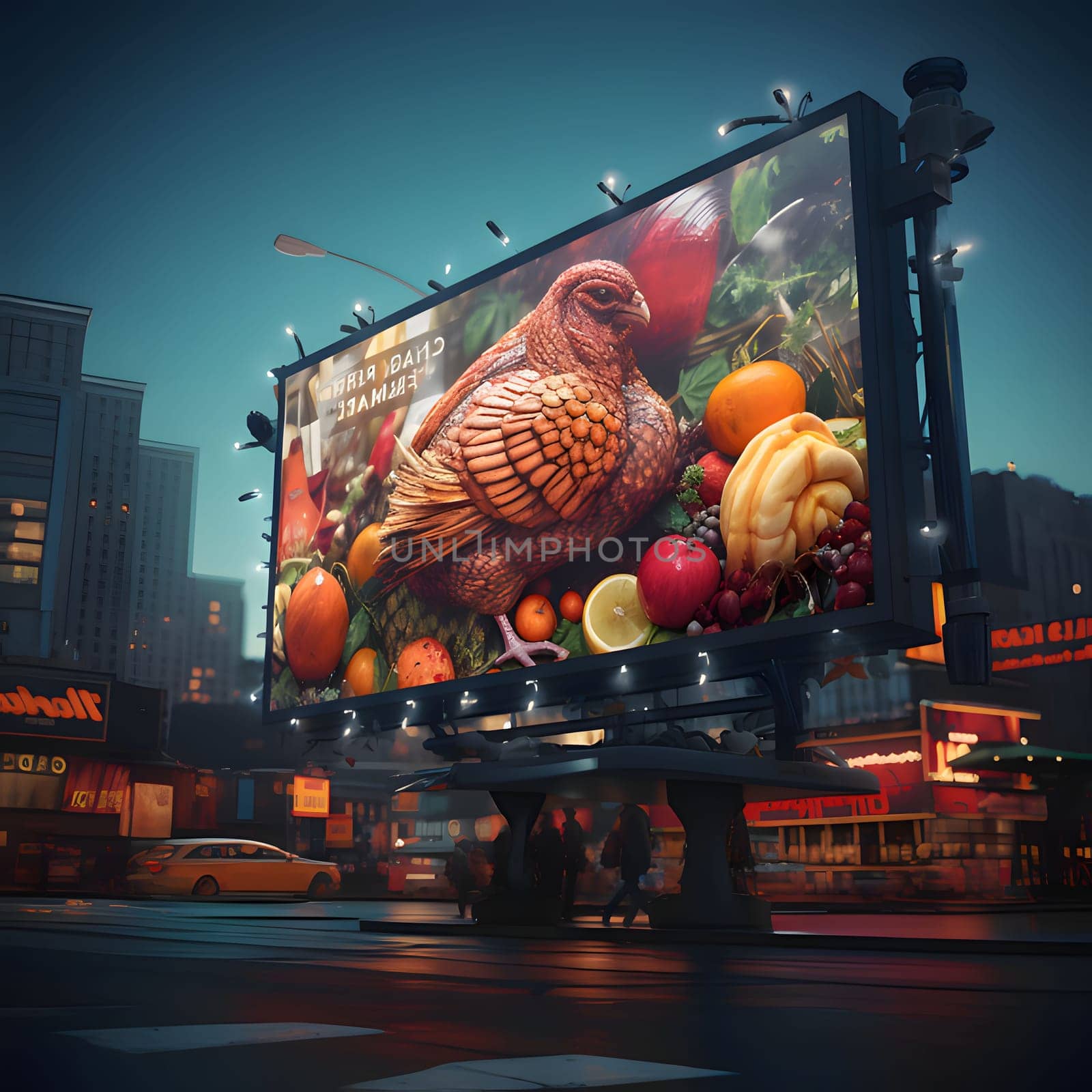 Big billboard with turkey ucz to vegetables, fruits on the background of the city, city life. Turkey as the main dish of thanksgiving for the harvest. An atmosphere of joy and celebration.