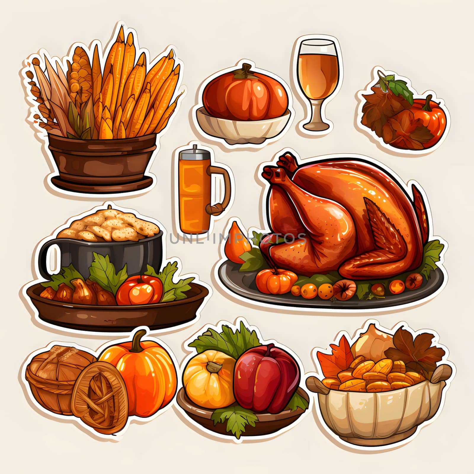 Thanksgiving sticker set pumpkins turkeys leaves autumn chickens. Turkey as the main dish of thanksgiving for the harvest, picture on a white isolated background. by ThemesS