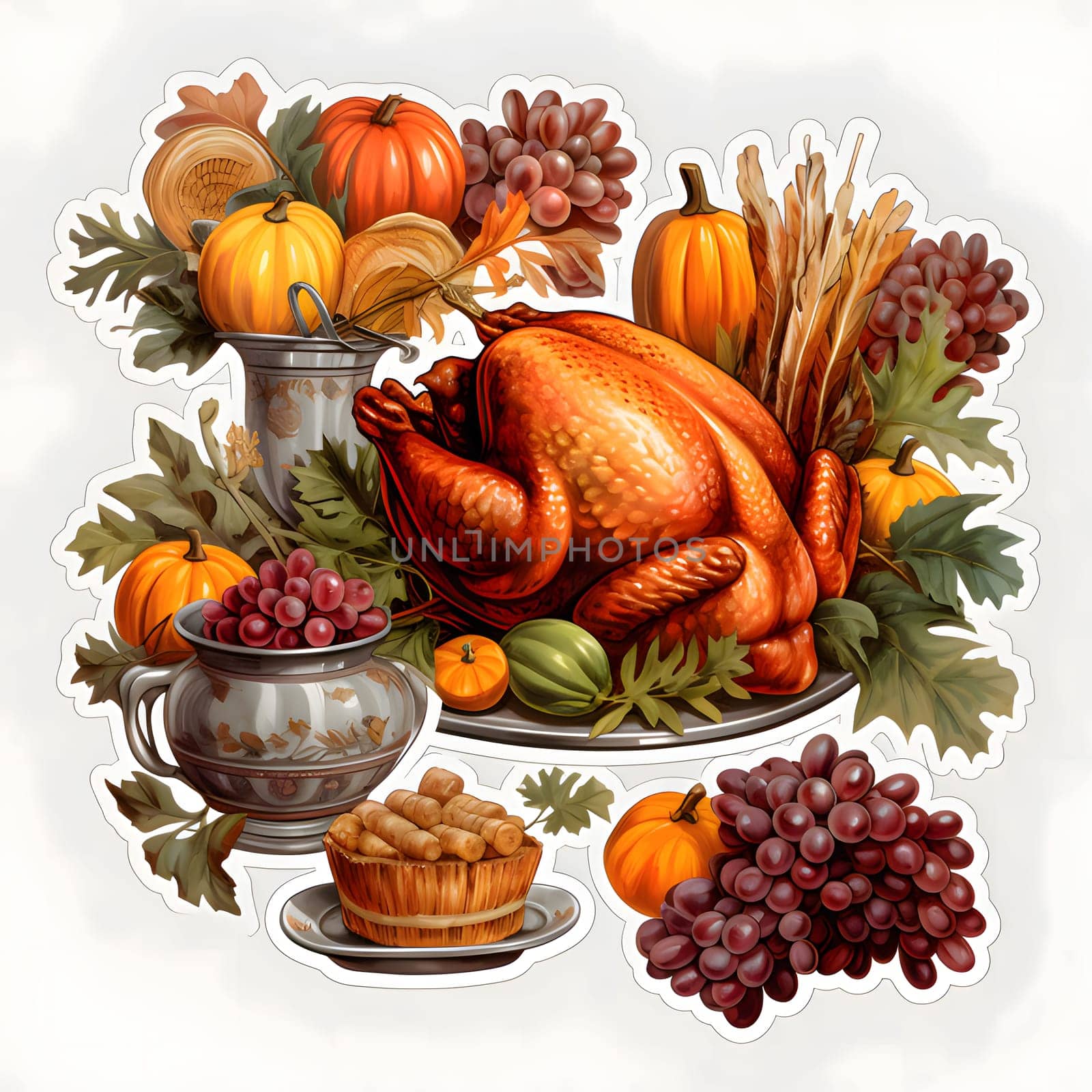 Thanksgiving sticker set pumpkins turkeys leaves autumn chickens. Turkey as the main dish of thanksgiving for the harvest, picture on a white isolated background. An atmosphere of joy and celebration.