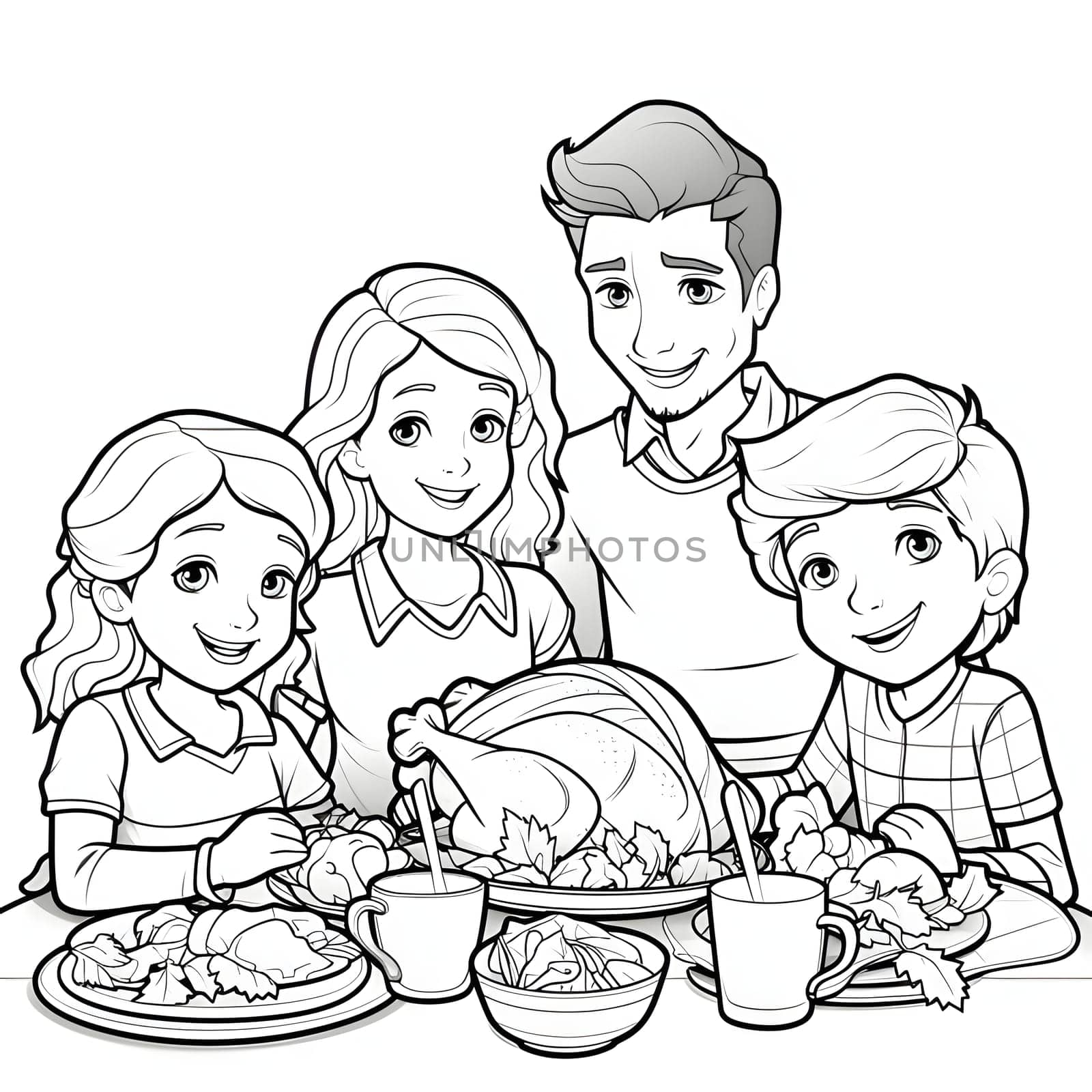 Black and White coloring book happy family at Thanksgiving feast with roast turkey. Turkey as the main dish of thanksgiving for the harvest. An atmosphere of joy and celebration.