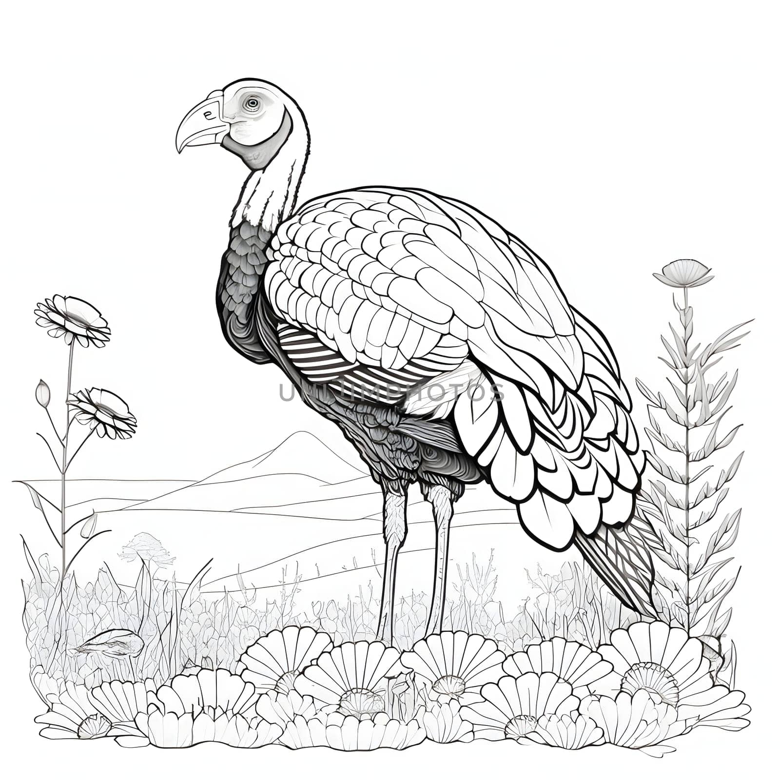 Black and White coloring book turkey in a field in the middle of grass flowers. Turkey as the main dish of thanksgiving for the harvest. An atmosphere of joy and celebration.