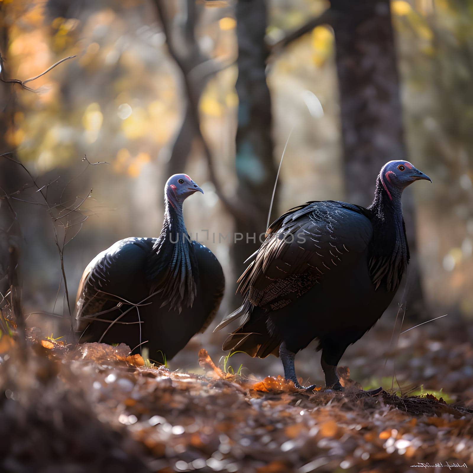 Two turkeys in the woods in the background smeared trees leaves autumn. Turkey as the main dish of thanksgiving for the harvest. An atmosphere of joy and celebration.