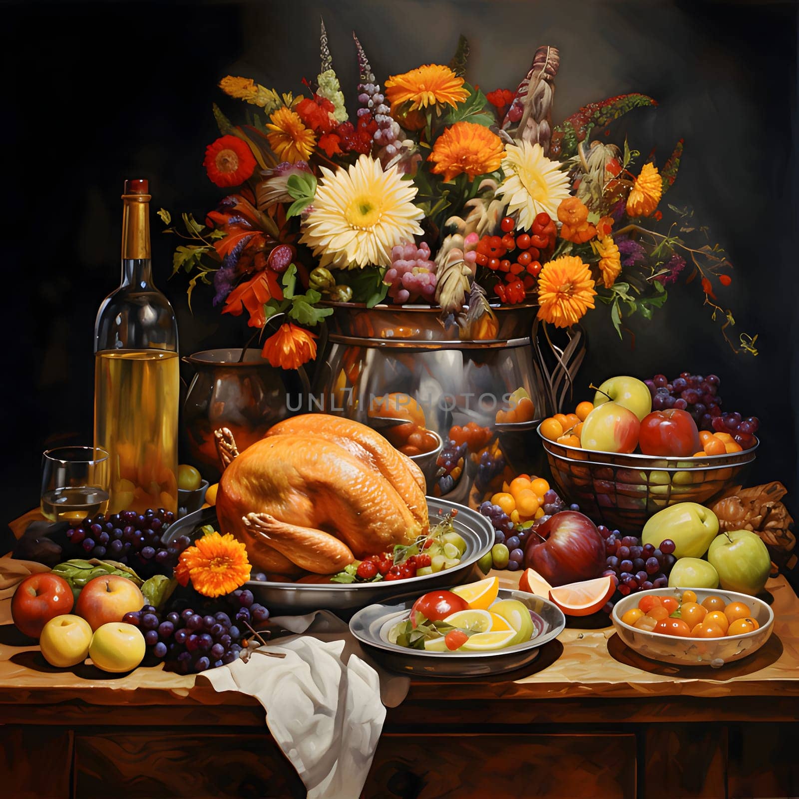 Table set for Thanksgiving food turkey, flowers, grapes, pumpkins, wine. Turkey as the main dish of thanksgiving for the harvest. by ThemesS