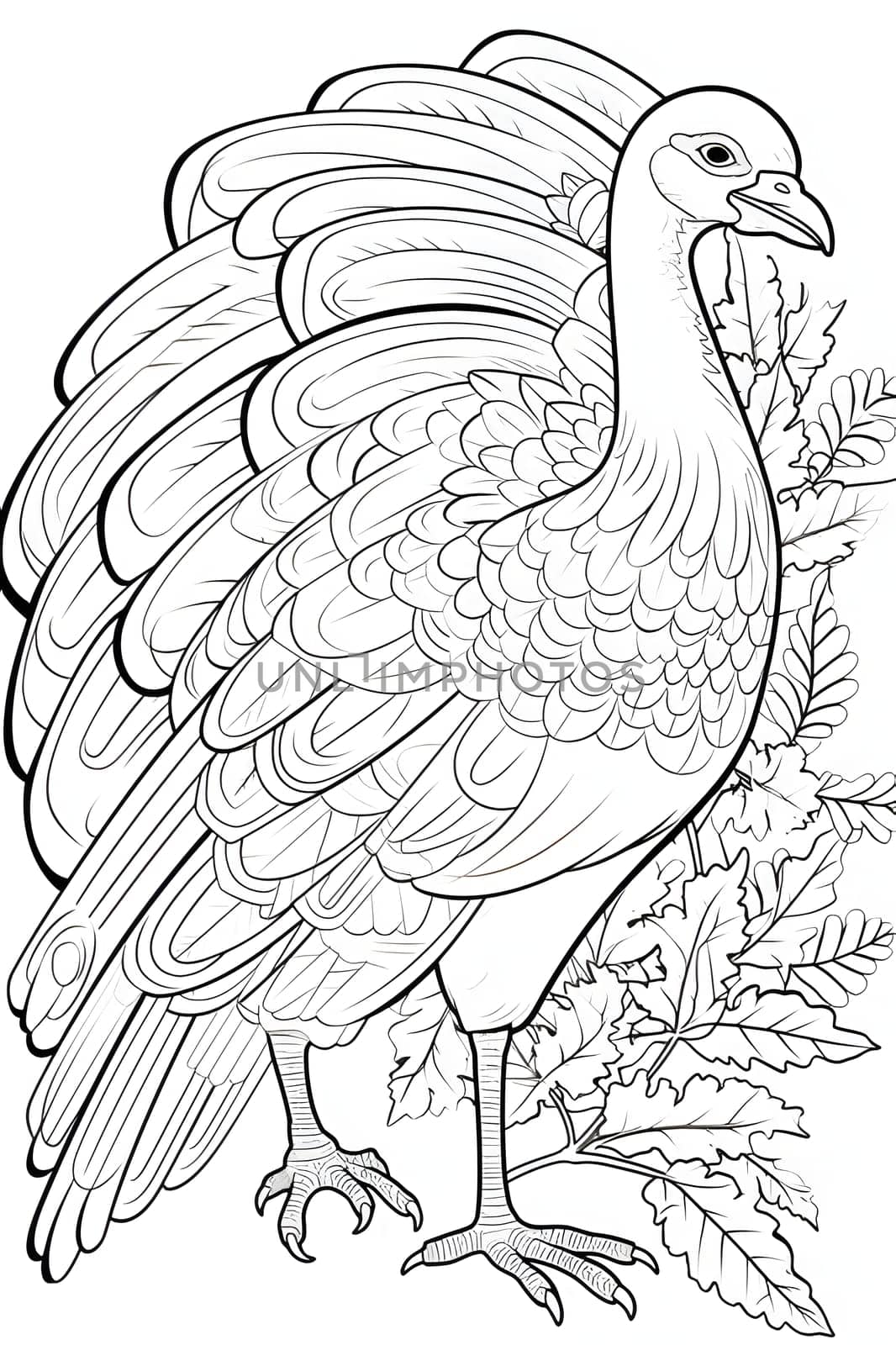 Black and White coloring book, young turkey around the leaves. Turkey as the main dish of thanksgiving for the harvest. by ThemesS