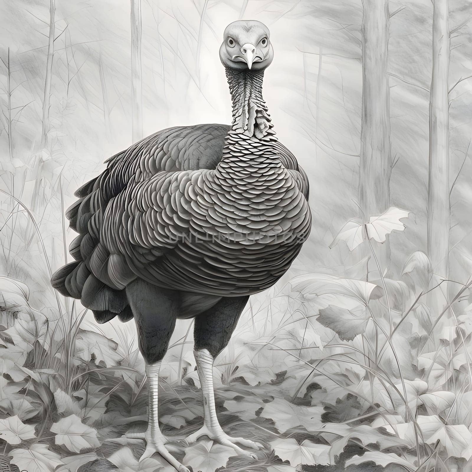 Black and White engraving drawing of a proud turkey in the forest in the middle of leaves and trees. Turkey as the main dish of thanksgiving for the harvest. An atmosphere of joy and celebration.