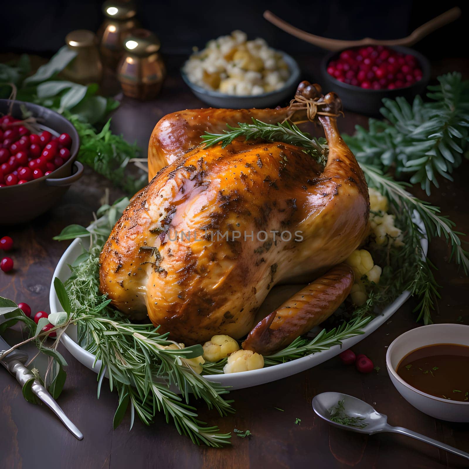 Roast turkey on a plate decorated with rosemary vegetables, fruits. Turkey as the main dish of thanksgiving for the harvest. An atmosphere of joy and celebration.