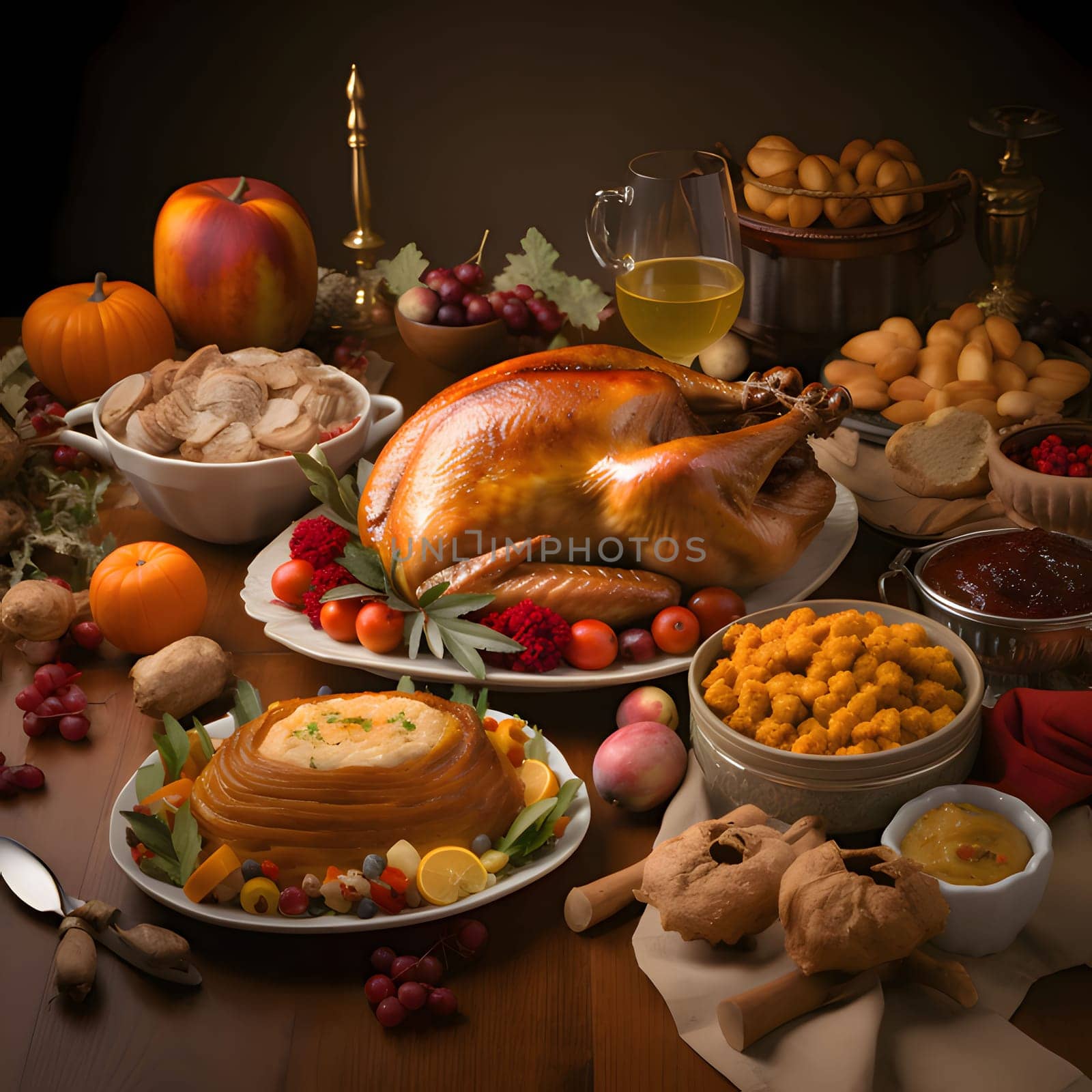 Thanksgiving table set with roast turkey, vegetables, fruits, apples, wine. Turkey as the main dish of thanksgiving for the harvest. An atmosphere of joy and celebration.