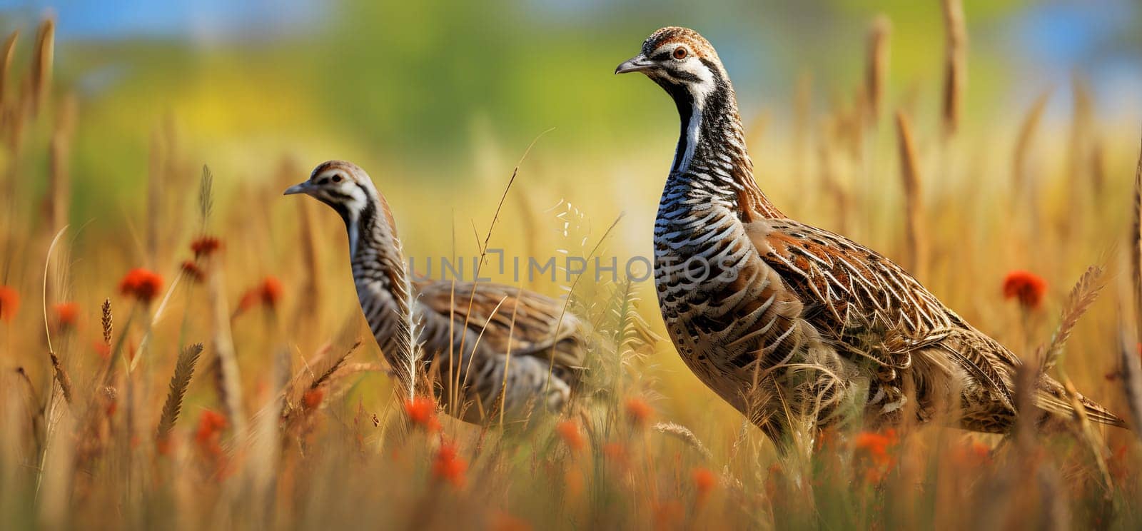 Two turkeys in the grass, in a field of flowers., banner with space for your own content. Blurred background. Blank space for caption.