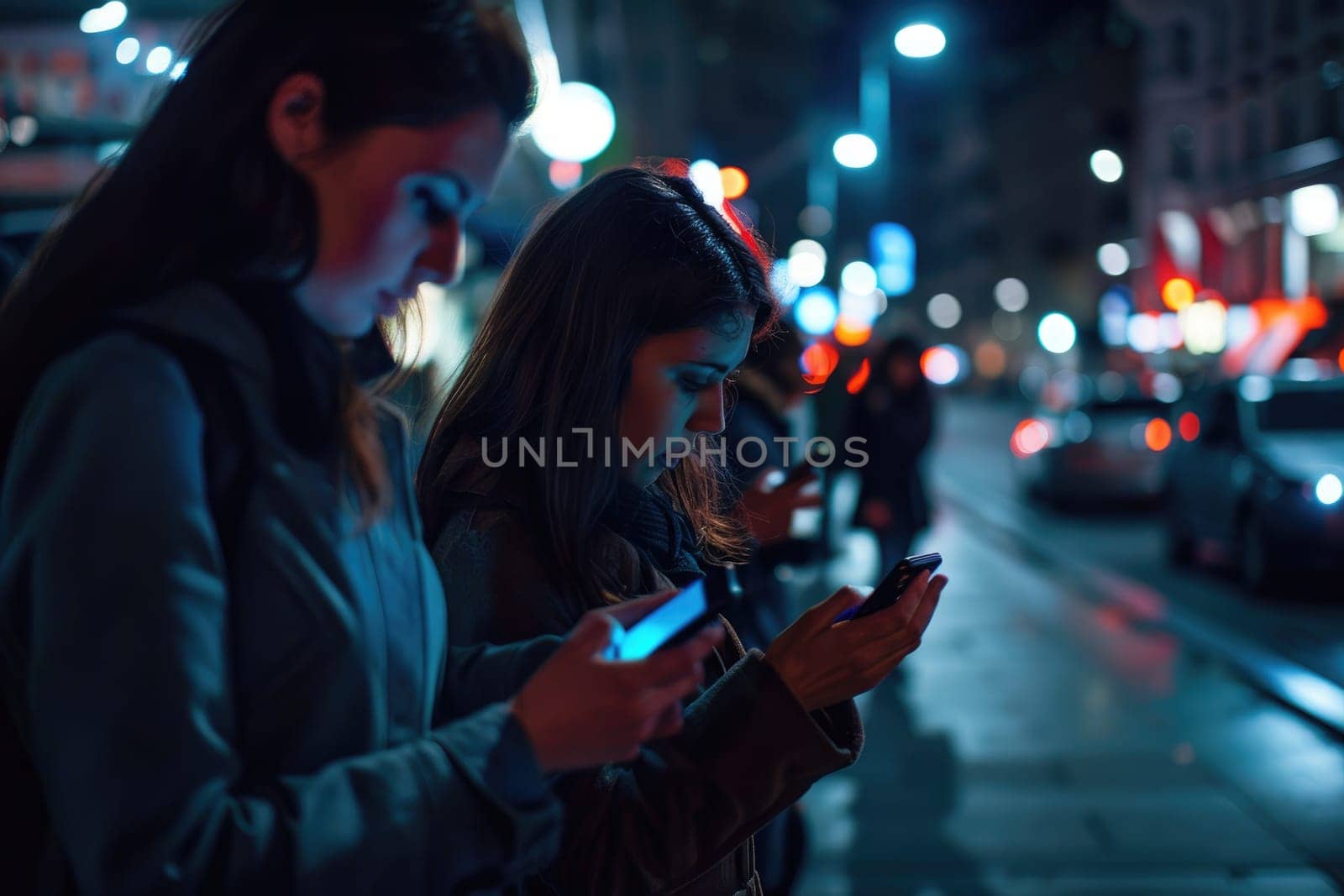 people on street,time of night, addicted to phone. Internet addition concept. by Chawagen