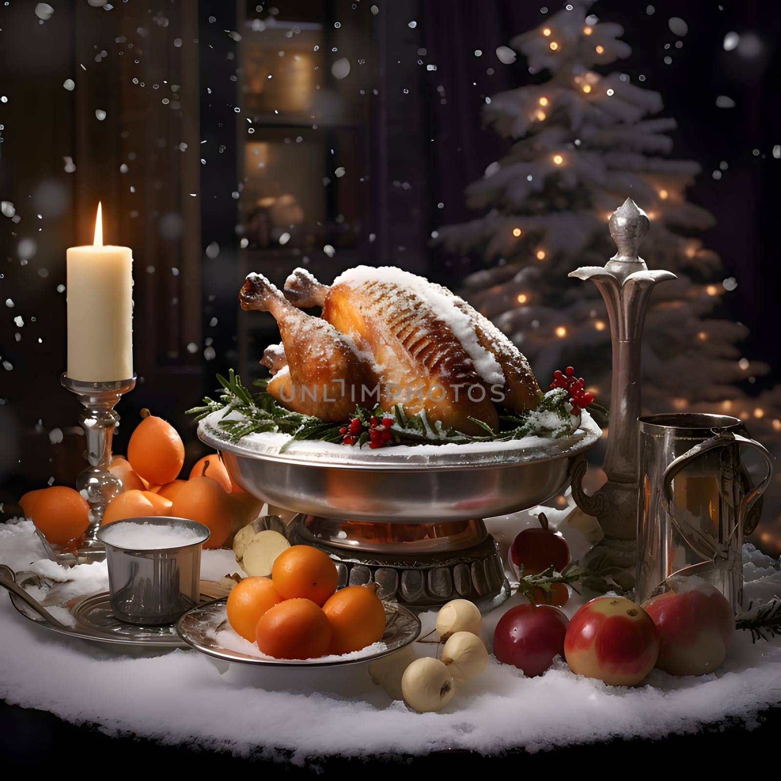 Roast turkey vegetables fruits falling snow and Christmas tree. Turkey as the main dish of thanksgiving for the harvest. An atmosphere of joy and celebration.