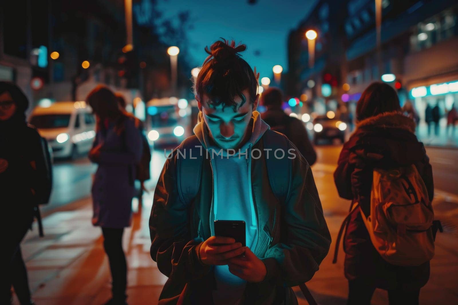 people on street,time of night, addicted to phone. Internet addition concept. by Chawagen