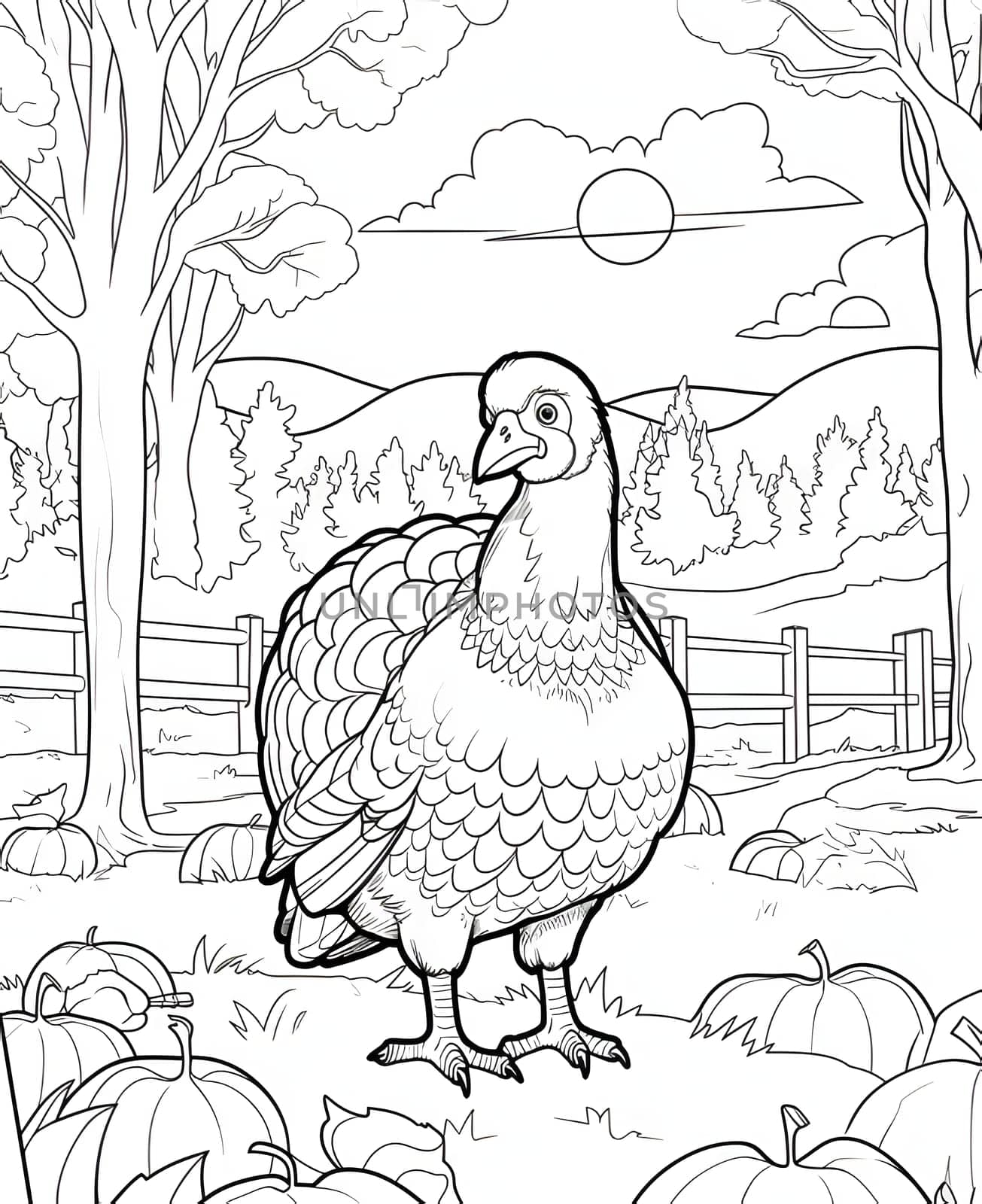 Black and White coloring book small turkey in a pumpkin field, farm. Turkey as the main dish of thanksgiving for the harvest. by ThemesS