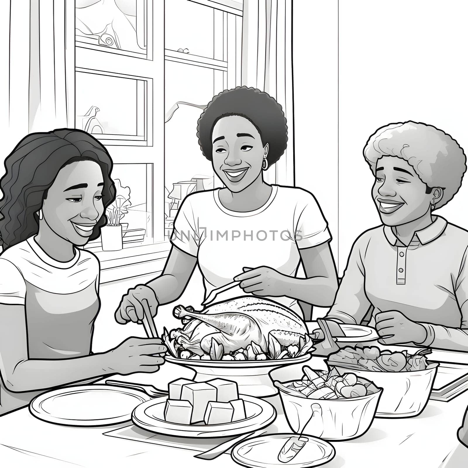 Black and White coloring book, people eating a Thanksgiving meal. Turkey as the main dish of thanksgiving for the harvest. by ThemesS