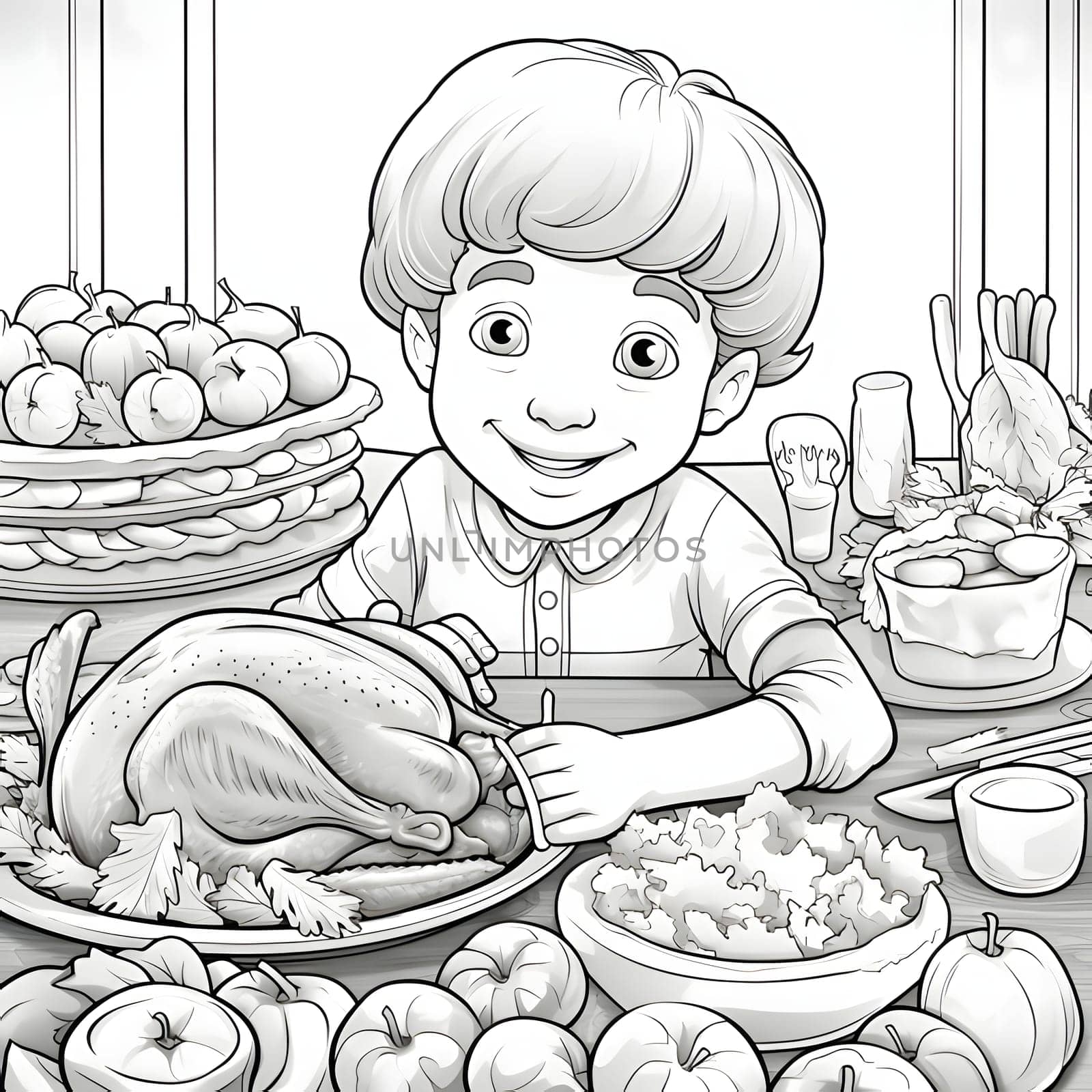 A little boy at the Thanksgiving Day table. Turkey as the main dish of thanksgiving for the harvest. Black and White coloring book. by ThemesS
