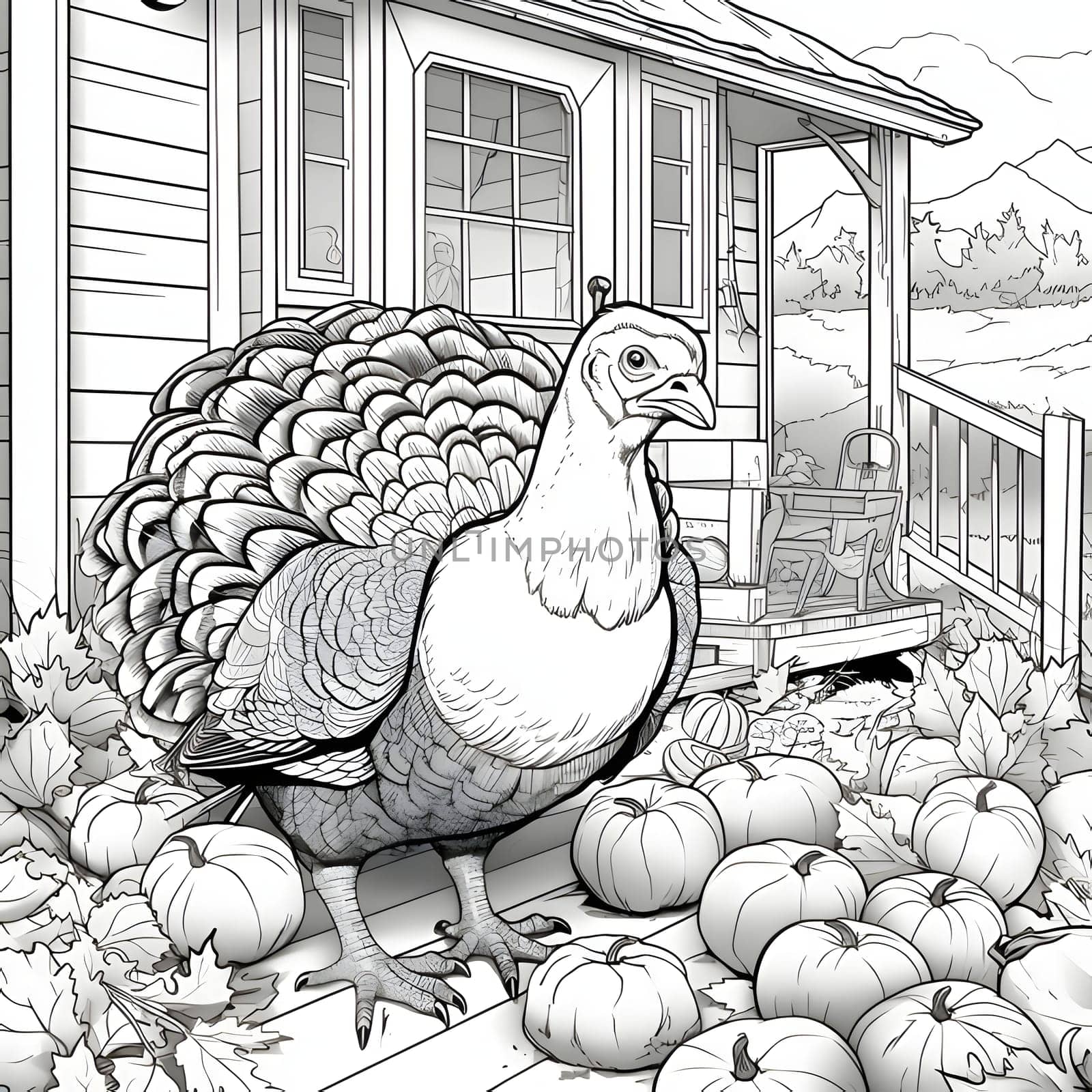 Turkey in front of the entrance to the wooden house around the pumpkins and leaves. Black and White coloring book. Turkey as the main dish of thanksgiving for the harvest. An atmosphere of joy and celebration.