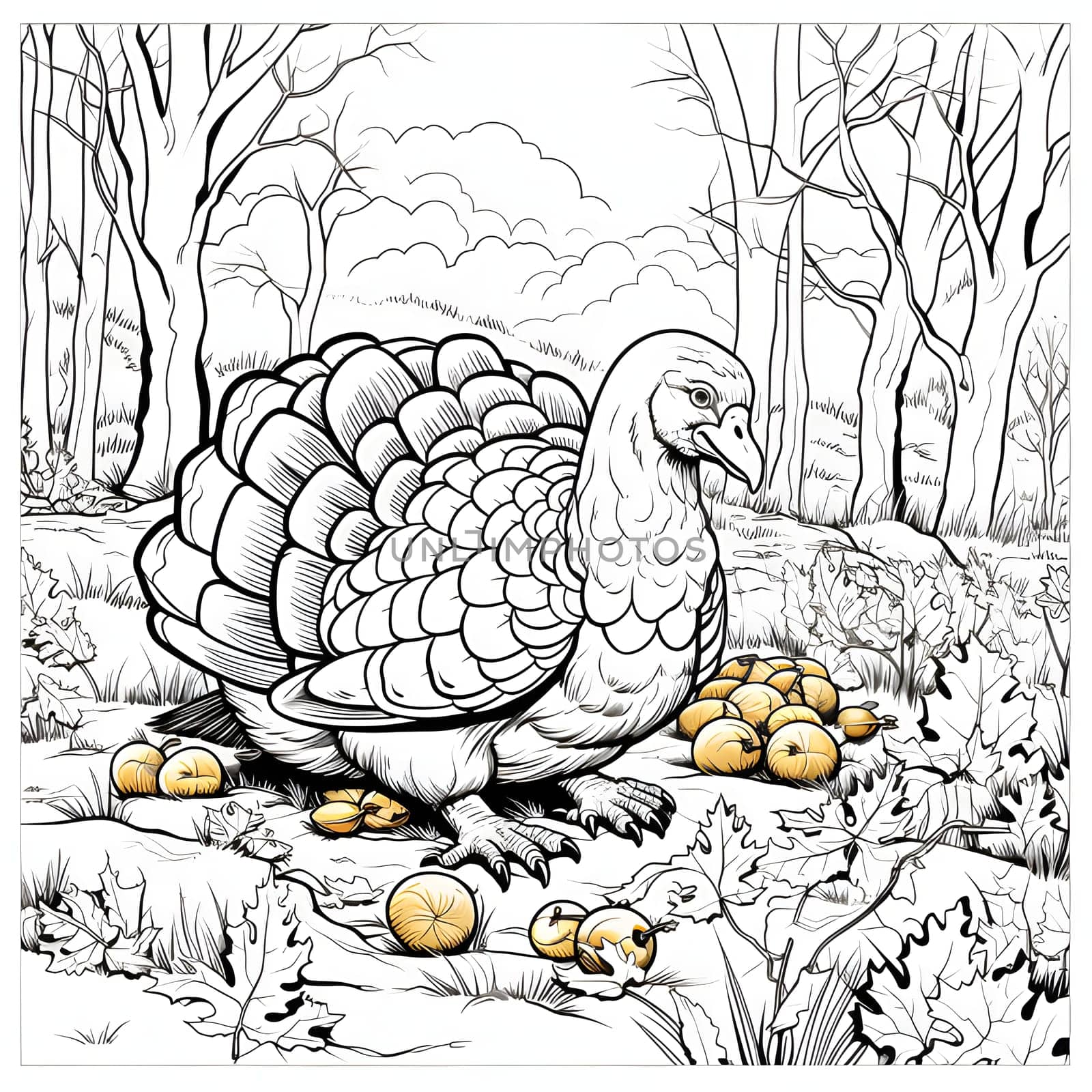 Black and White coloring book sad turkey in the forest around leaves and trees. Turkey as the main dish of thanksgiving for the harvest. An atmosphere of joy and celebration.