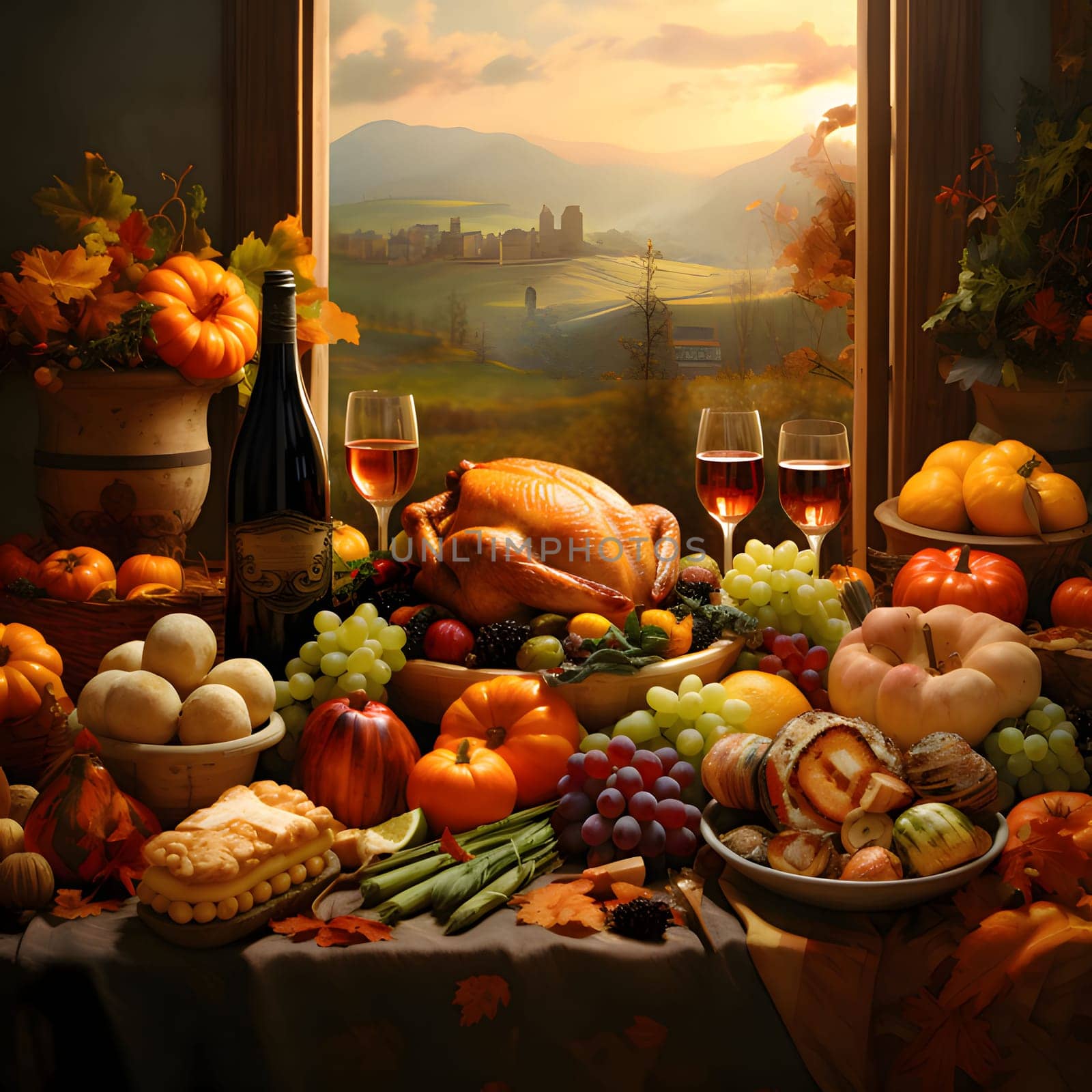 A table full of food, vegetable fruits and roast turkey. Turkey as the main dish of thanksgiving for the harvest. An atmosphere of joy and celebration.