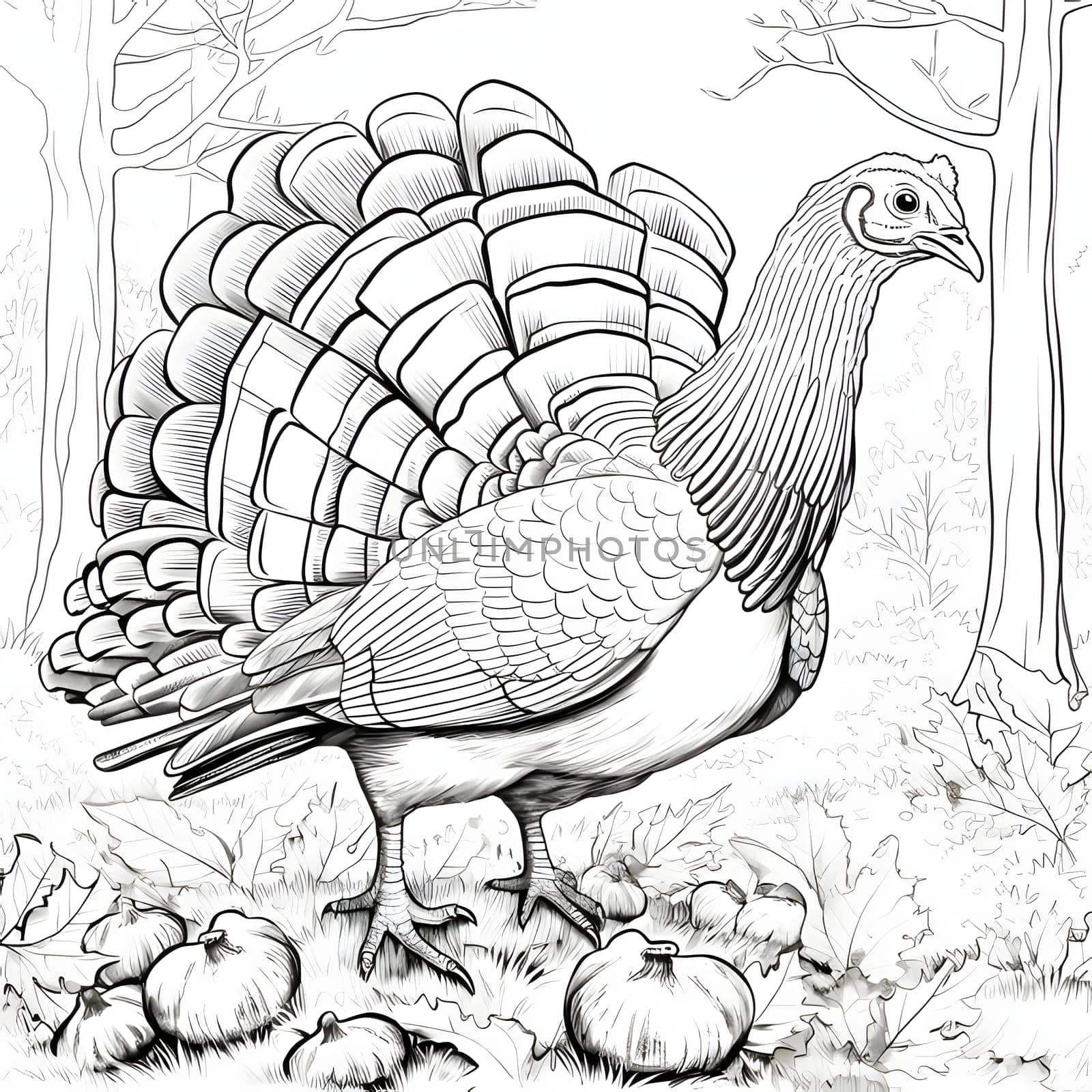 Great turkey in the woods around the leaves of pumpkins garlic. Black and White coloring book. Turkey as the main dish of thanksgiving for the harvest. An atmosphere of joy and celebration.