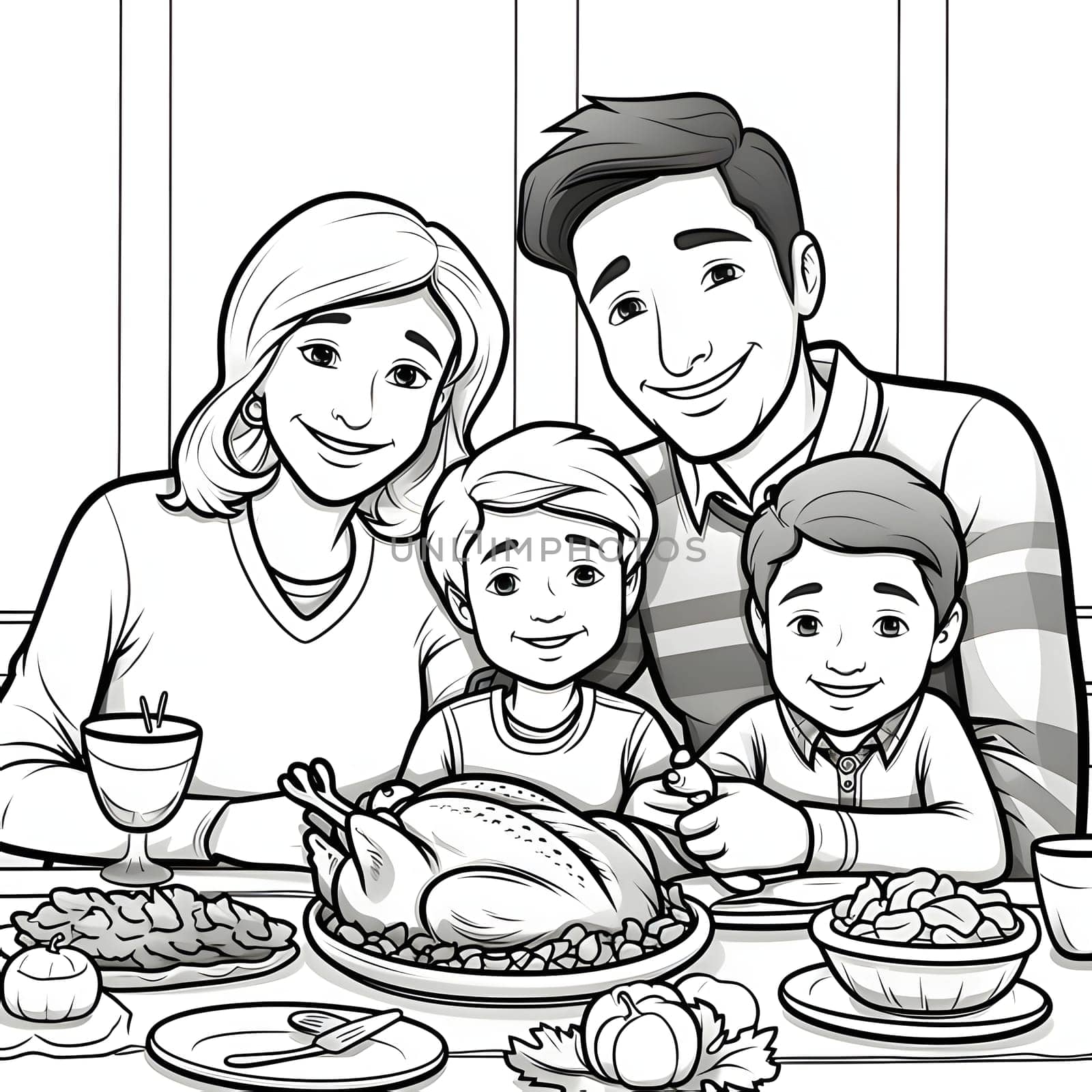 Black and White coloring book happy family at the Thanksgiving table. Turkey as the main dish of thanksgiving for the harvest. by ThemesS