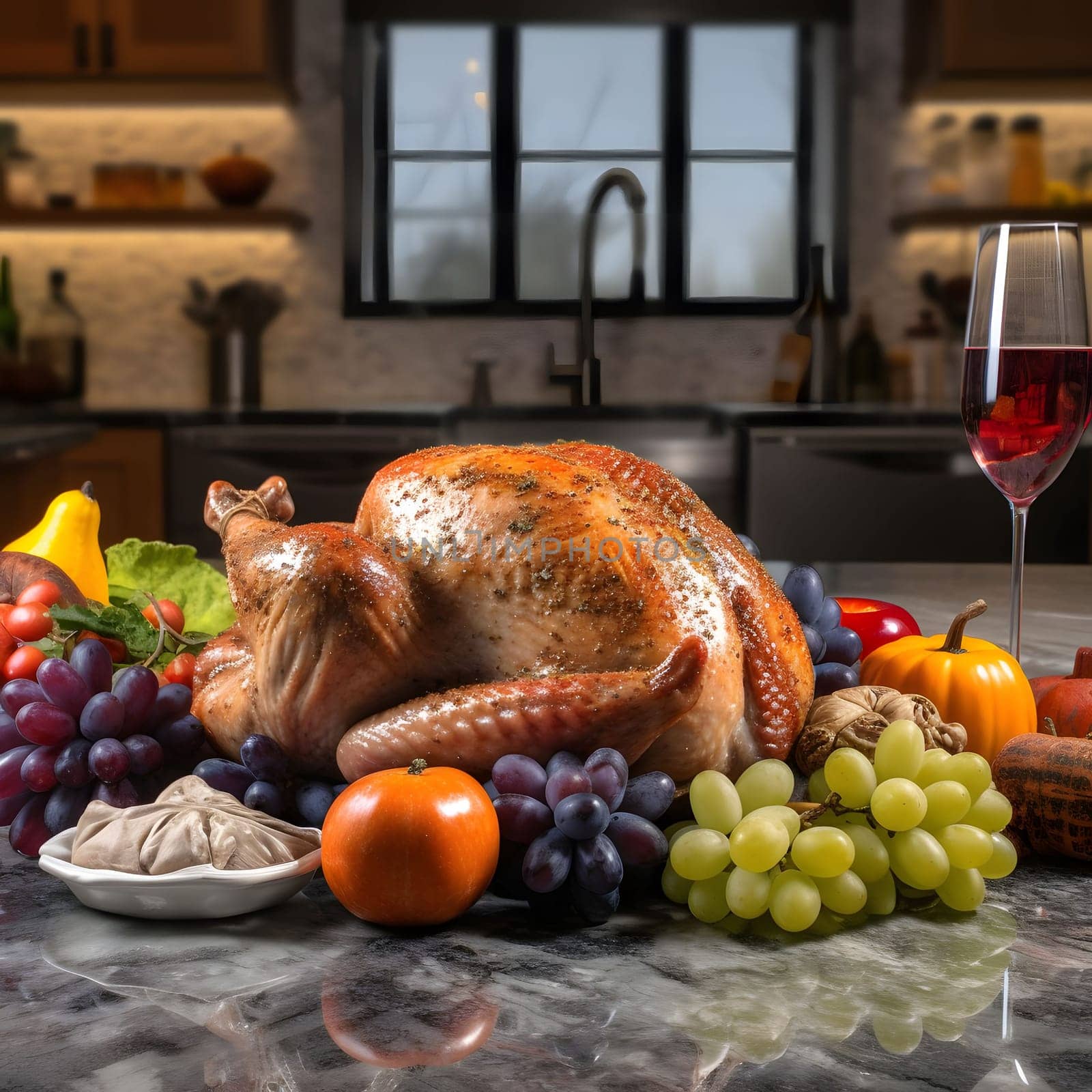 Kitchen tray with roasted turkey, pumpkins and oranges around wine in the background kitchen. Turkey as the main dish of thanksgiving for the harvest. An atmosphere of joy and celebration.