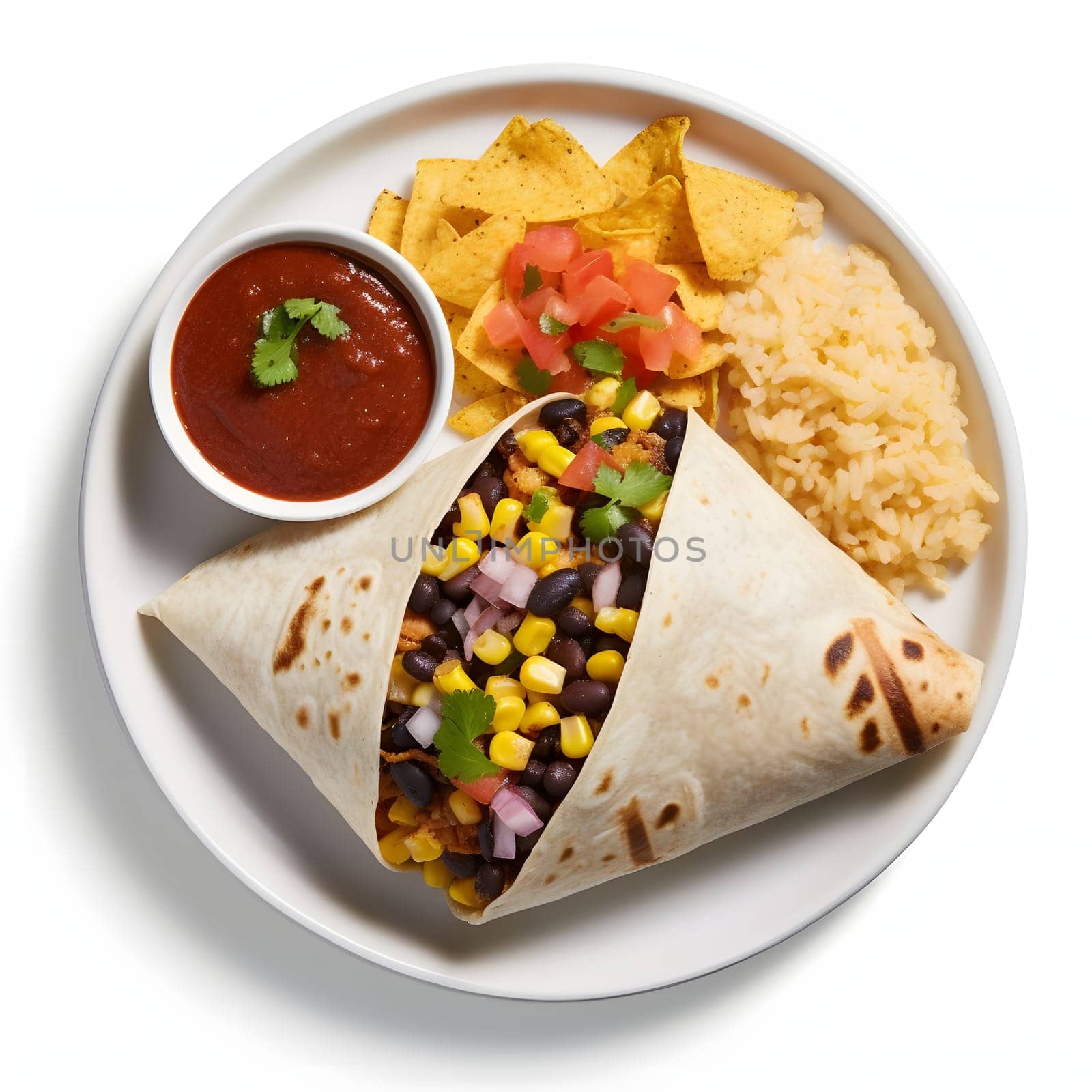 Top view of a plate, and on it grains of olives, corn, tortilla, flakes, rice ketchup. Corn as a dish of thanksgiving for the harvest, picture on a white isolated background. An atmosphere of joy and celebration.