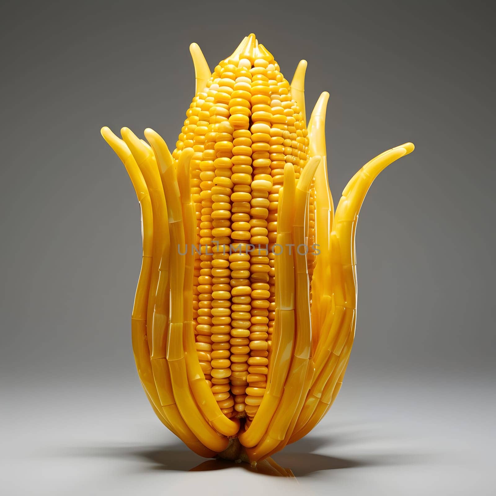 Vertical standing yellow cob, corn, toy on dark background. Corn as a dish of thanksgiving for the harvest. An atmosphere of joy and celebration.