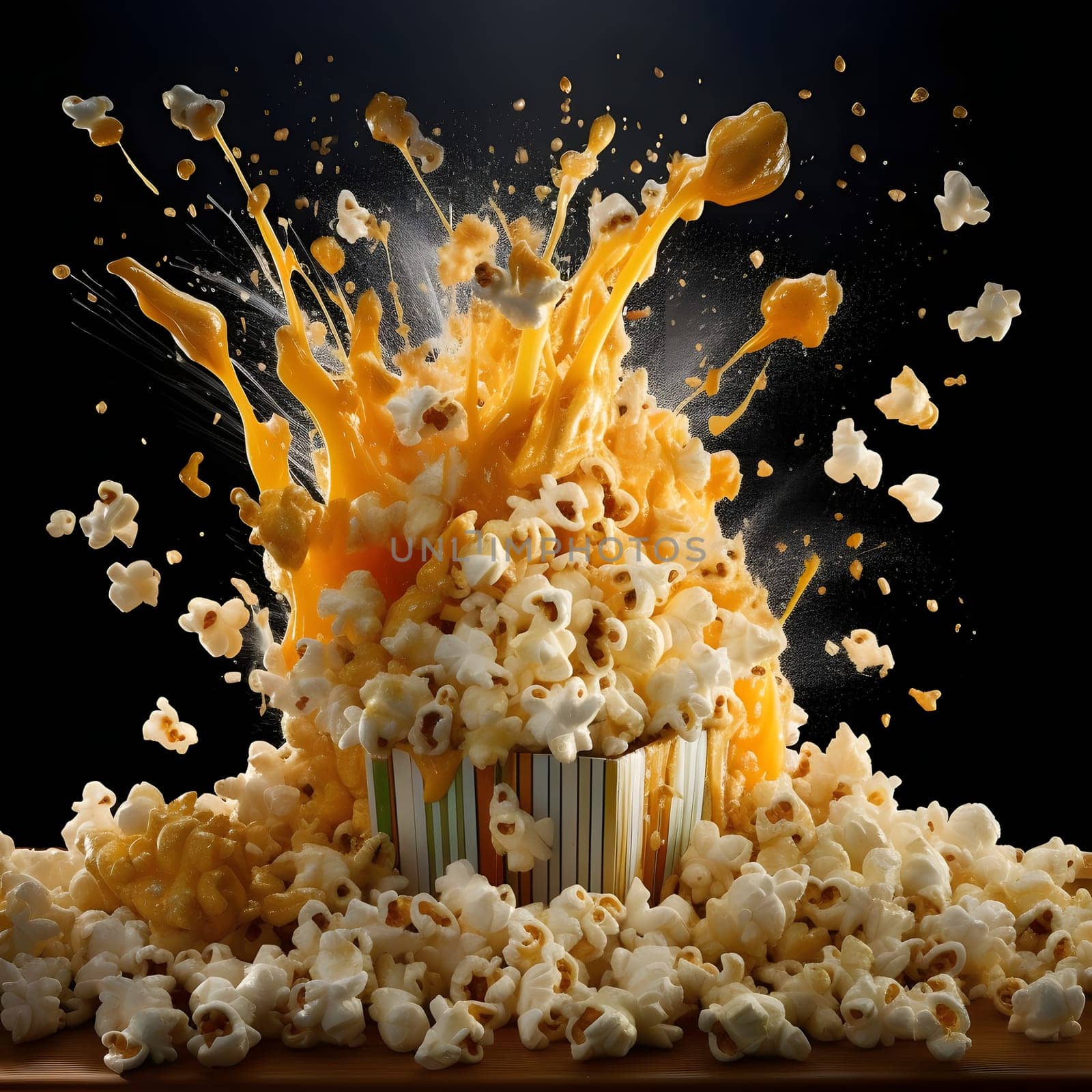 Paper box and in a sealant popcorn with sauce on a black background. Corn as a dish of thanksgiving for the harvest. An atmosphere of joy and celebration.