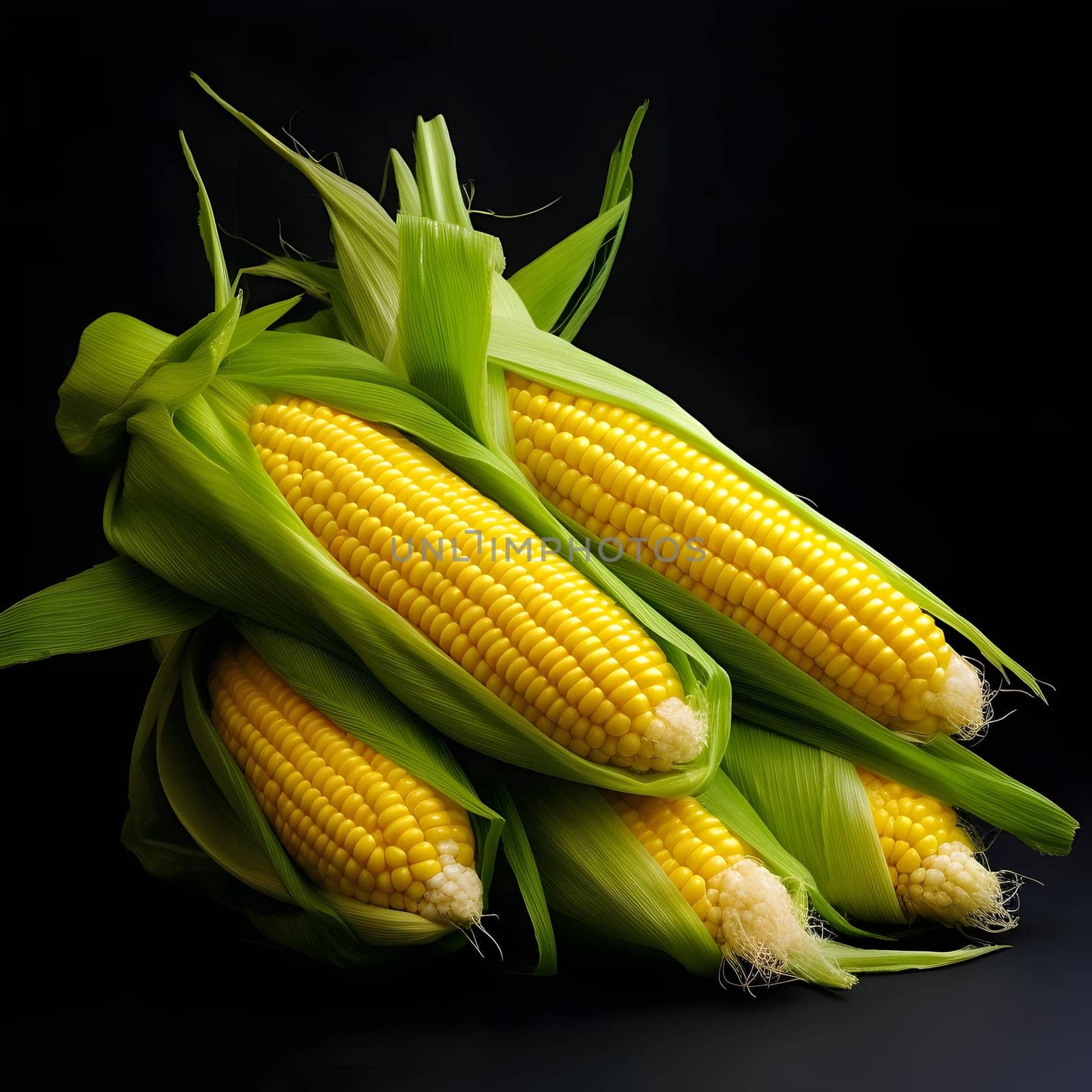Five yellow corn cobs in leaf on black background isolated. Corn as a dish of thanksgiving for the harvest. An atmosphere of joy and celebration.
