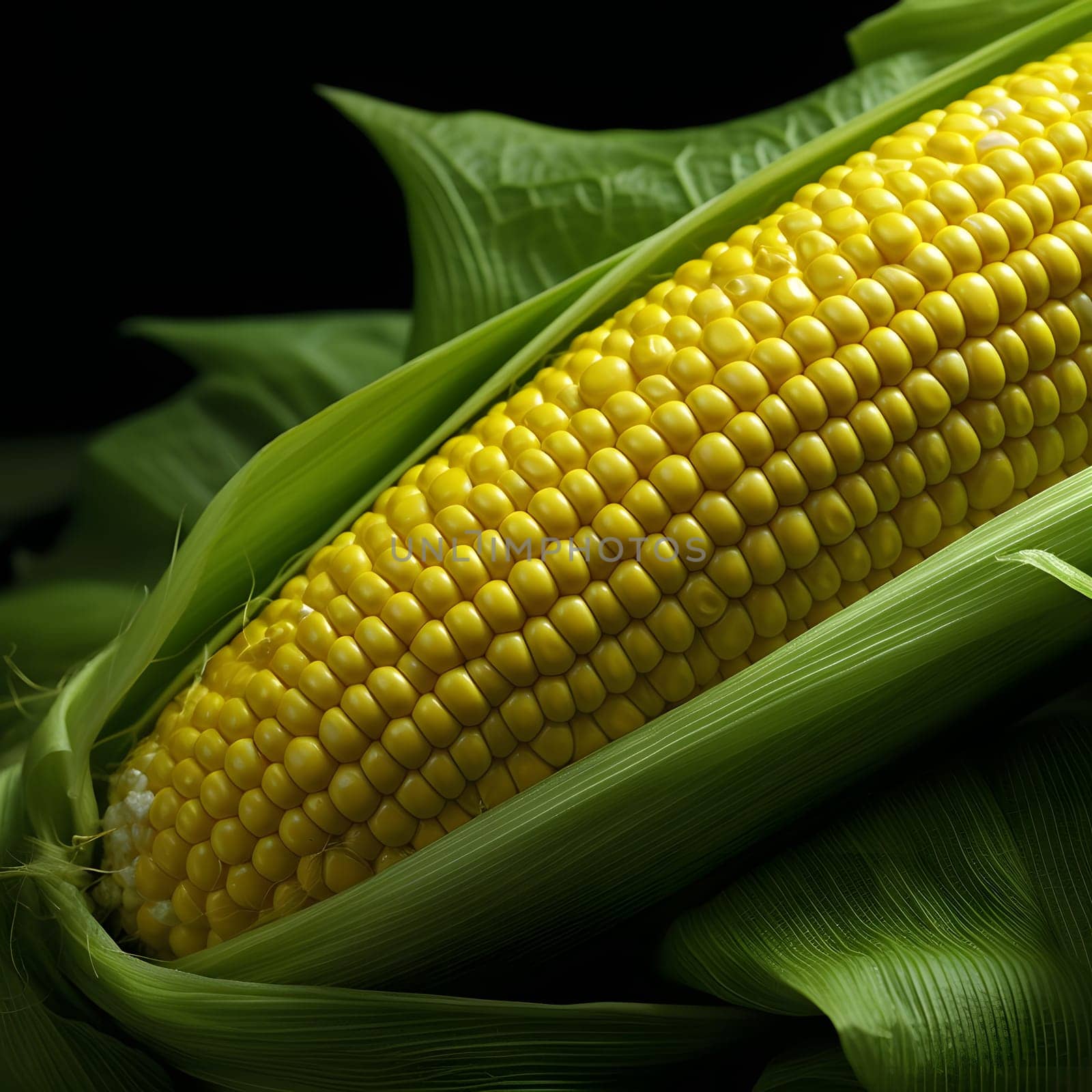 Close-up photo on yellow kernels in corn cob with green leaf black background. Corn as a dish of thanksgiving for the harvest. An atmosphere of joy and celebration.