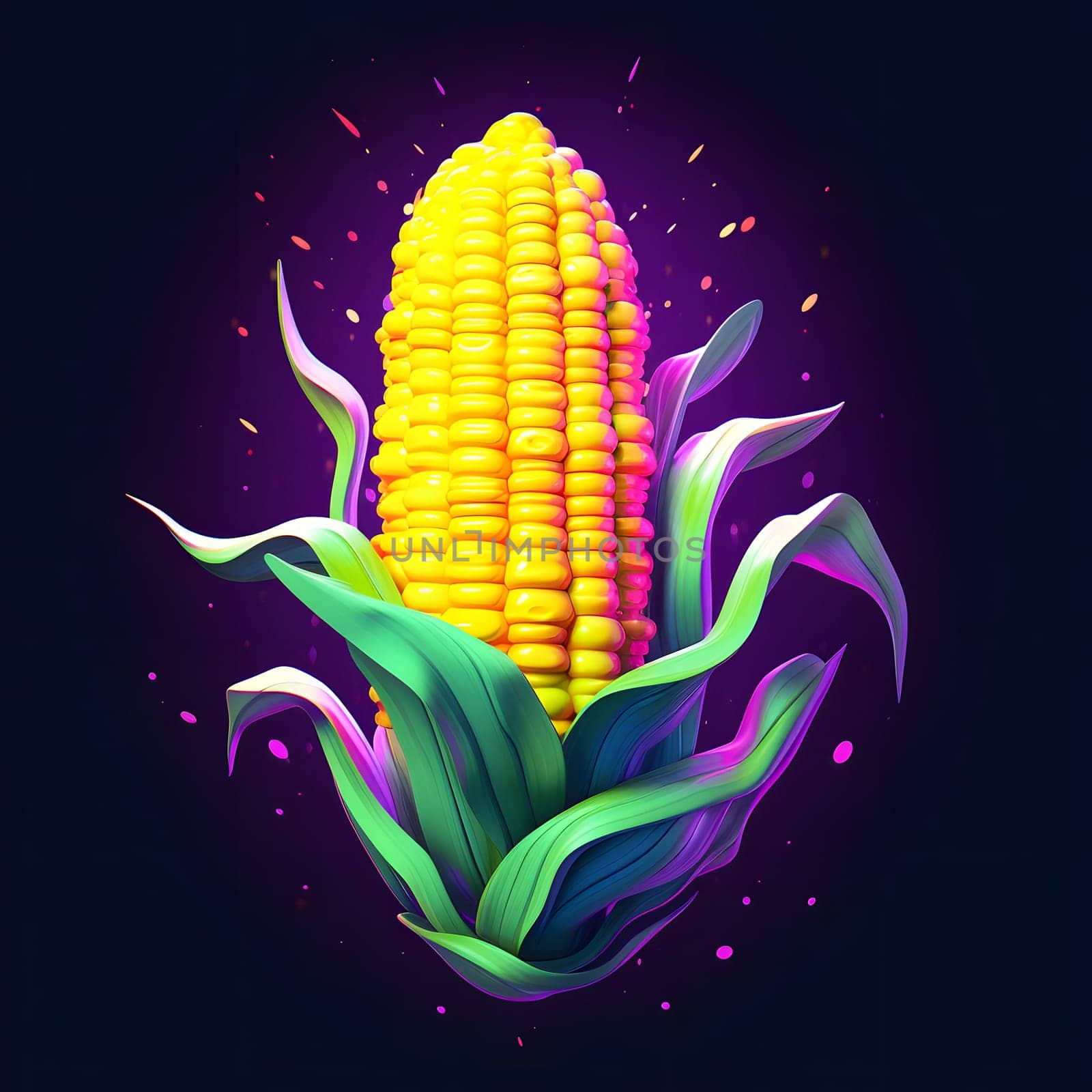 3D yellow corn cob in green leaf on purple dark background. Corn as a dish of thanksgiving for the harvest. An atmosphere of joy and celebration.