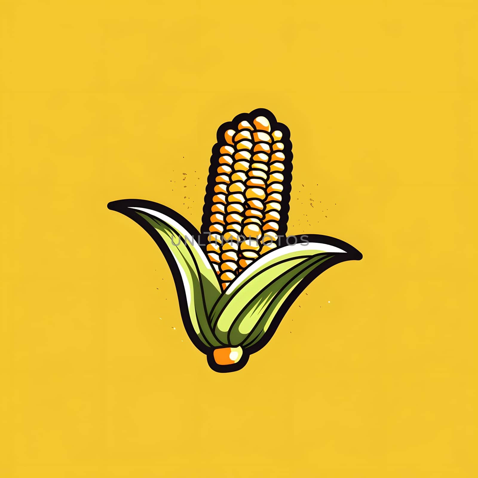 Logo corn cob with leaf on solid bright orange background. Corn as a dish of thanksgiving for the harvest. An atmosphere of joy and celebration.