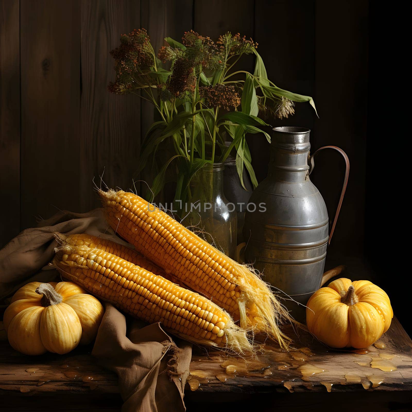 Yellow corn cobs, pumpkins, tin containers, flowers, on a wooden background. Corn as a dish of thanksgiving for the harvest. An atmosphere of joy and celebration.