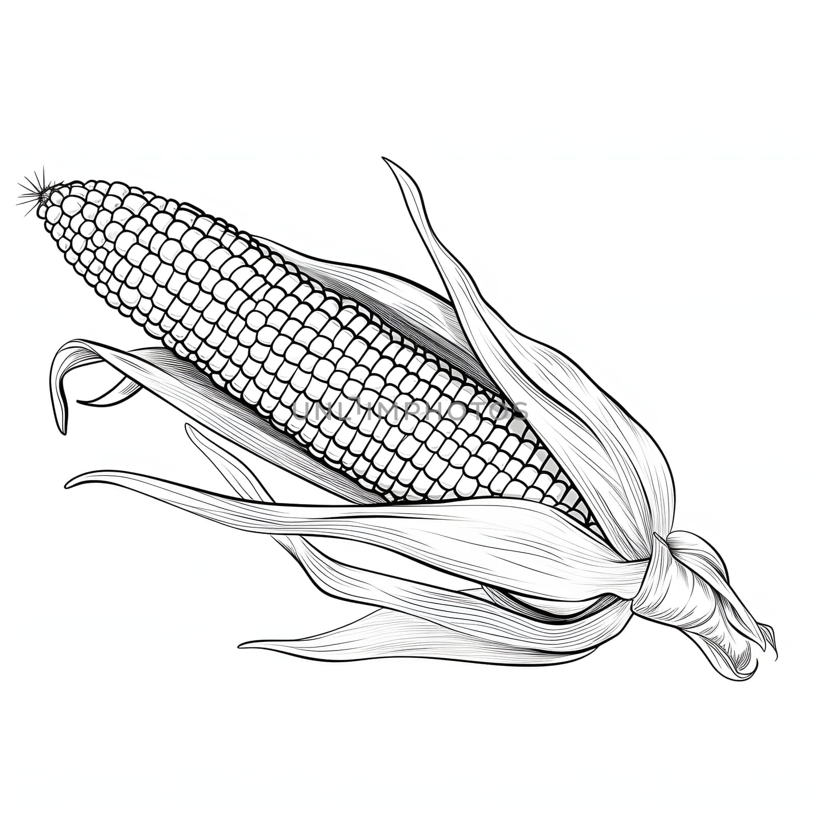 Black and White coloring book, corn cob with leaf. Corn as a dish of thanksgiving for the harvest, picture on a white isolated background. An atmosphere of joy and celebration.