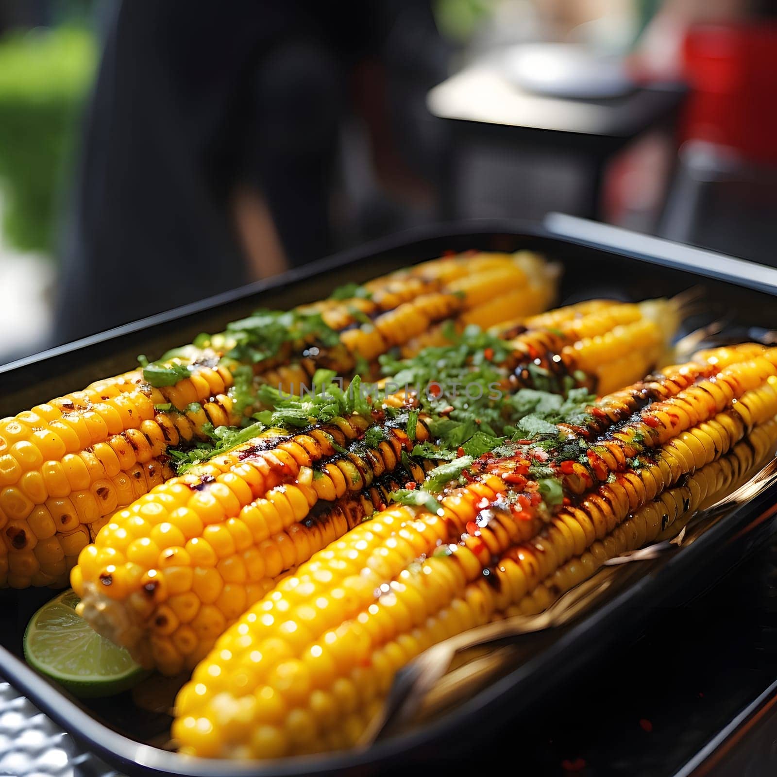 Yellow corn cobs with spices sprinkle scientific vegetable as decoration smudged background. Corn as a dish of thanksgiving for the harvest. An atmosphere of joy and celebration.