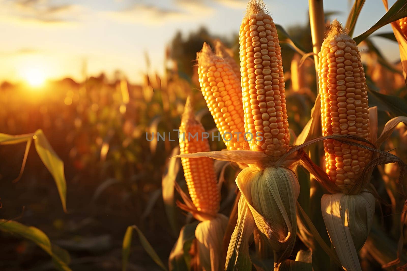 Yellow corn cobs in the field at sunrise or sunset. Corn as a dish of thanksgiving for the harvest. An atmosphere of joy and celebration.