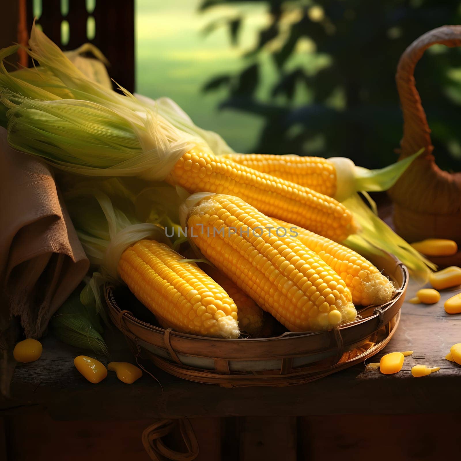 Yellow corn cobs in a wicker small basket on a wooden table. Corn as a dish of thanksgiving for the harvest. by ThemesS