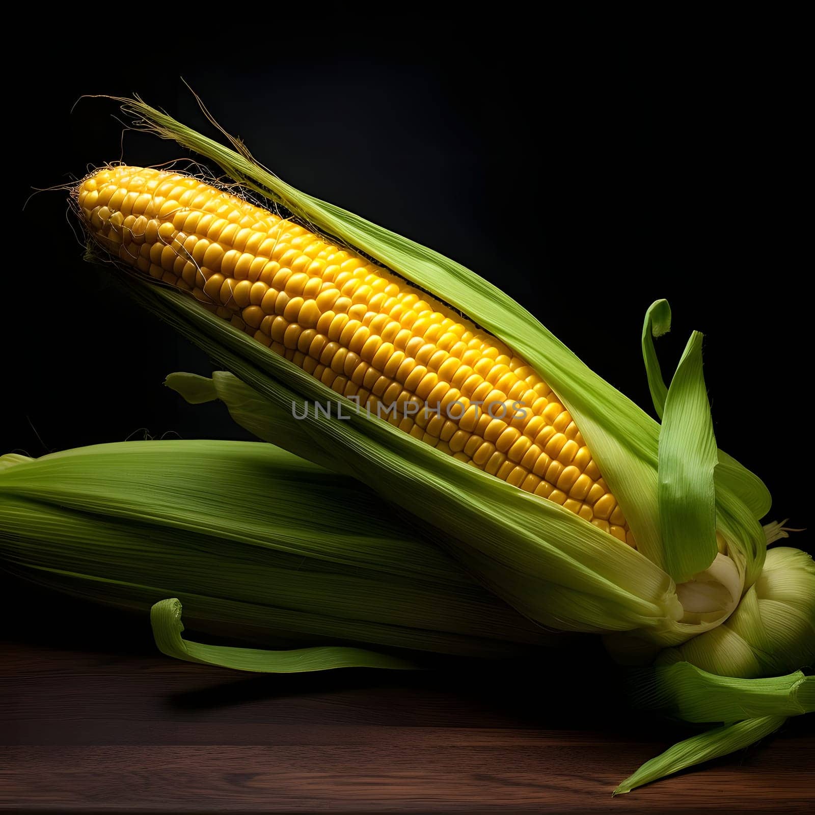 Two yellow corn cobs wrapped in a green leaf on a dark background. Corn as a dish of thanksgiving for the harvest. by ThemesS