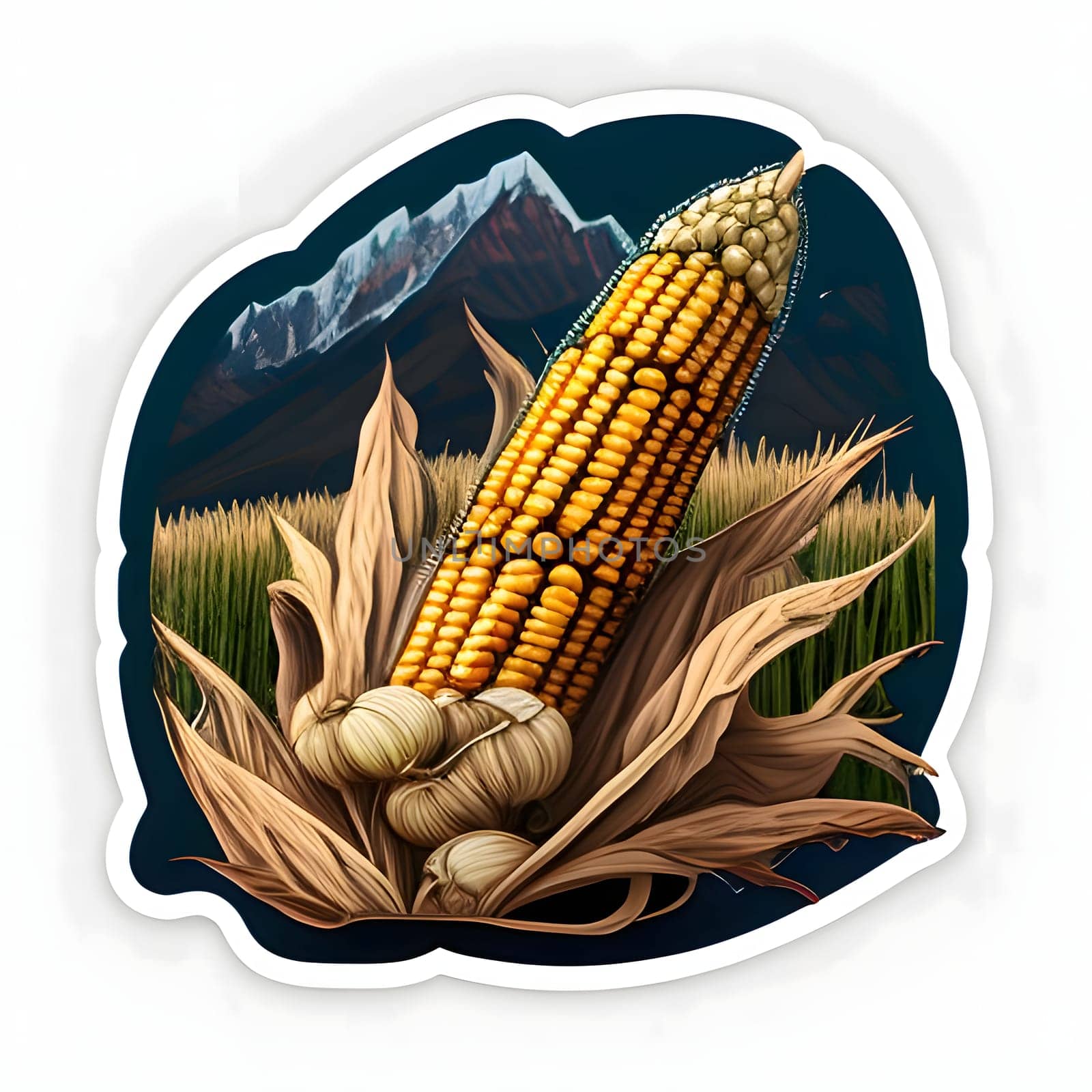 Sticker corn cob. In the background a field and mountains. Corn as a dish of thanksgiving for the harvest, picture on a white isolated background. An atmosphere of joy and celebration.