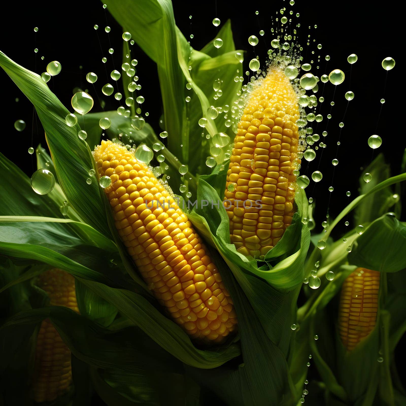 Yellow corn cobs on green plants, drops of water falling black background. Corn as a dish of thanksgiving for the harvest. An atmosphere of joy and celebration.