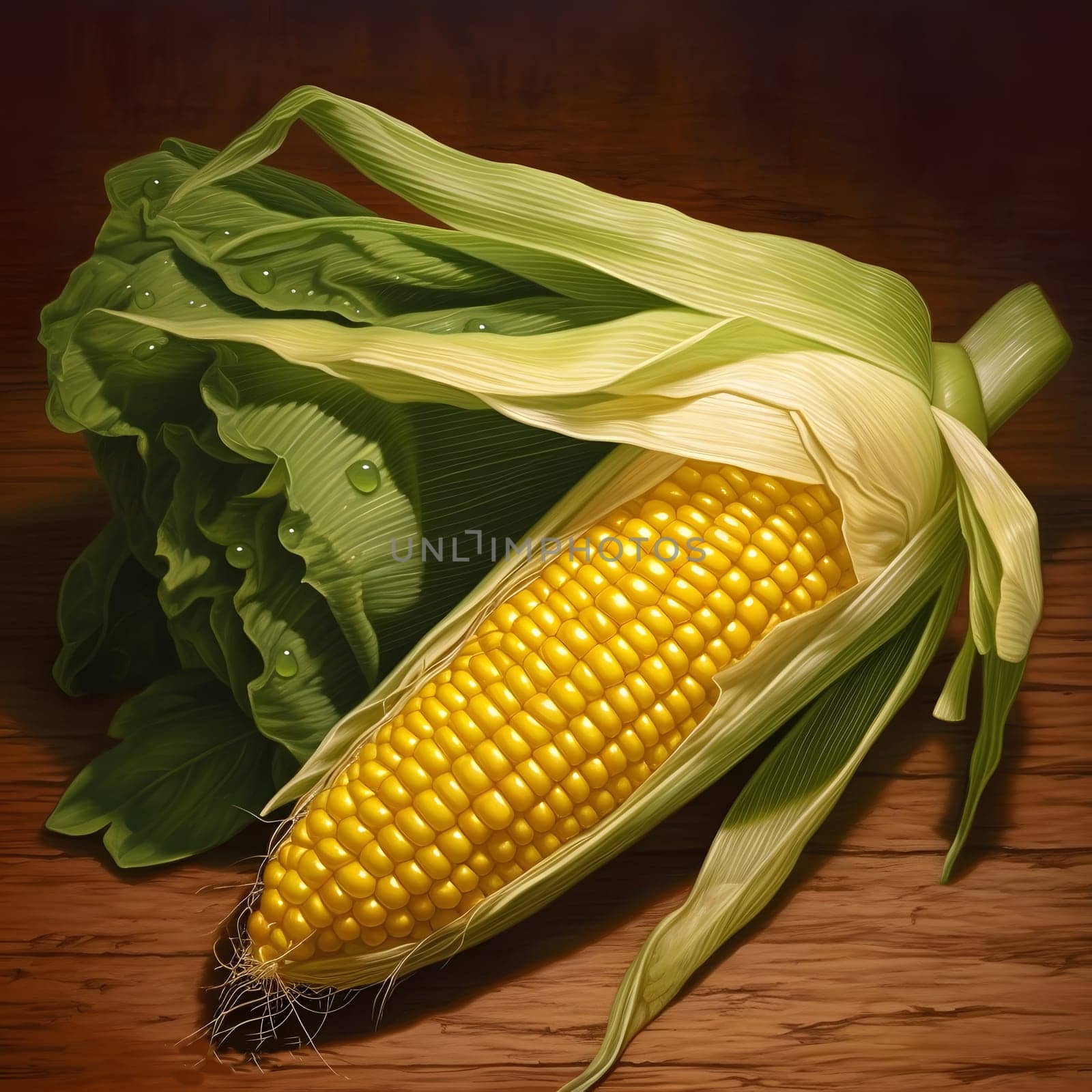 Yellow corn cob in green leaf on wooden board. Corn as a dish of thanksgiving for the harvest. An atmosphere of joy and celebration.