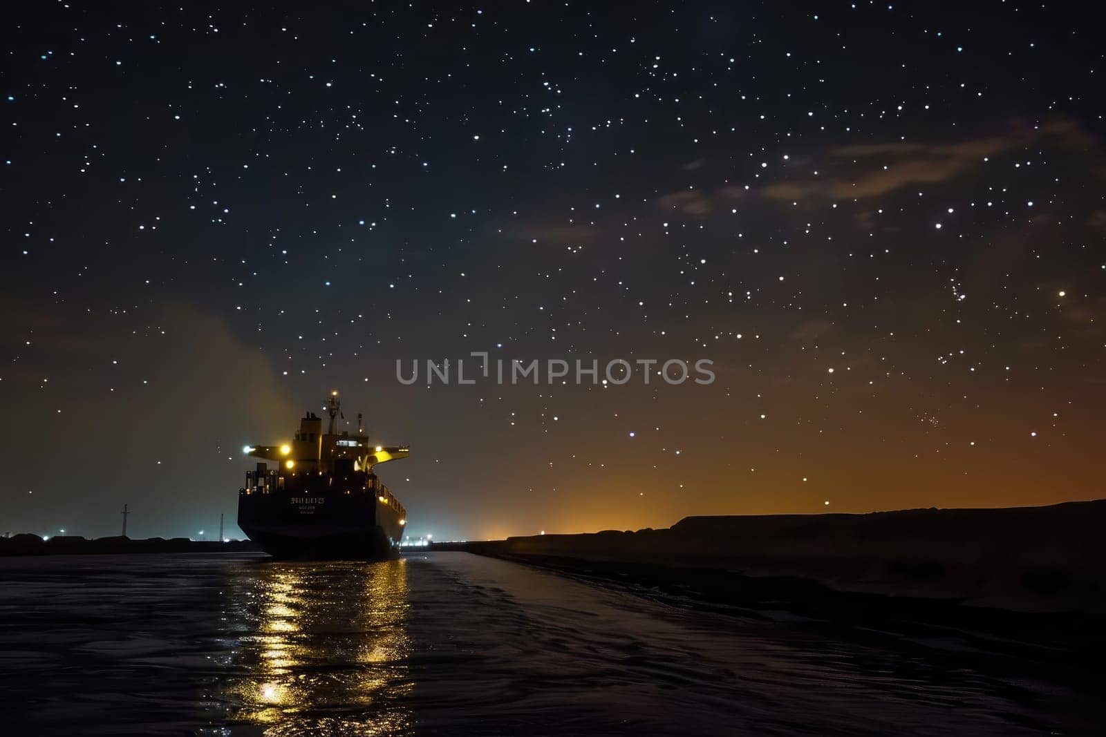 A cargo ship navigates the narrow Suez Canal at night. by Chawagen