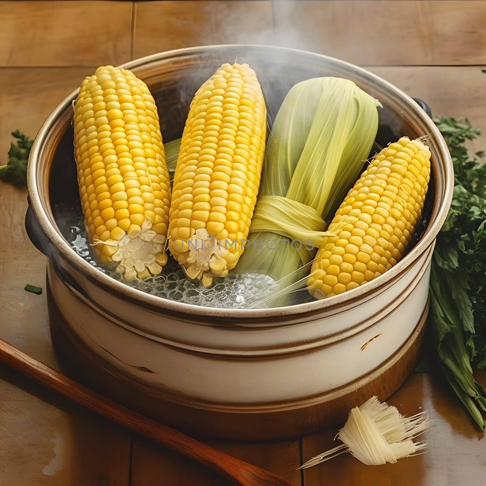 Yellow corn cobs in a pot while cooking. Corn as a dish of thanksgiving for the harvest. An atmosphere of joy and celebration.