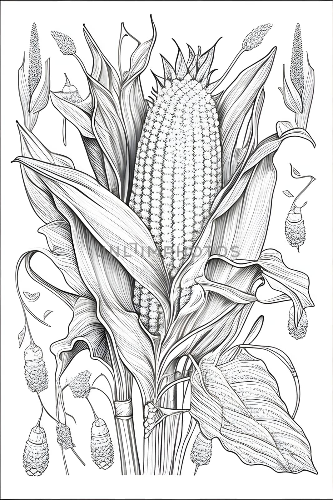 Black and White coloring book, giant cob, corn in the middle of the leaves. Corn as a dish of thanksgiving for the harvest, picture on a white isolated background. by ThemesS